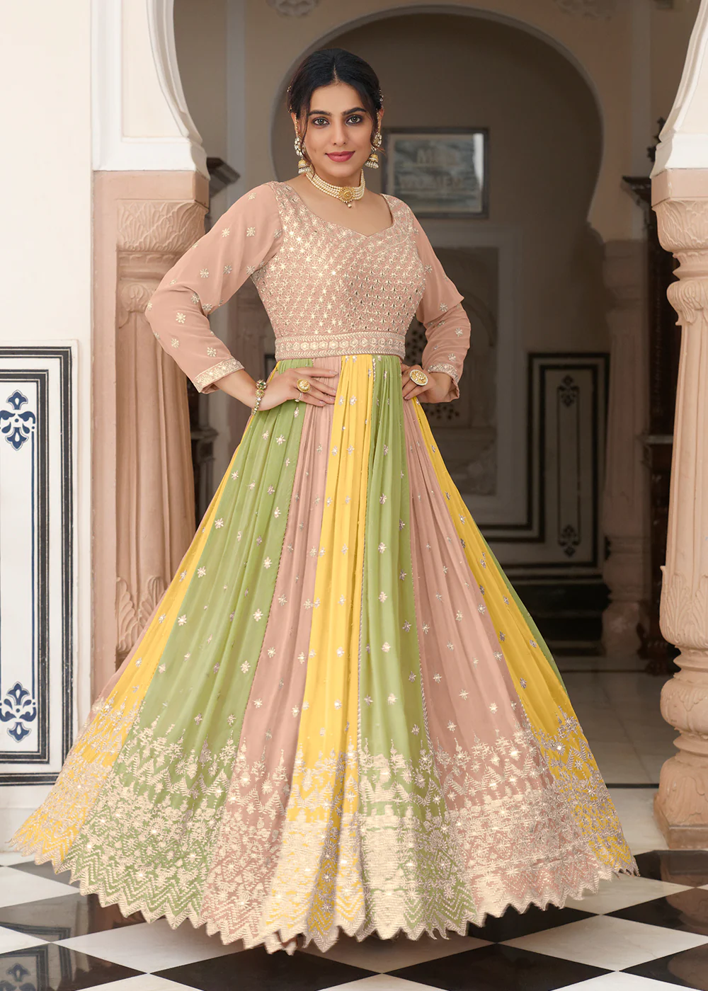Embroidered Beige Multicolor Function Wear Anarkali Gown - Image 4