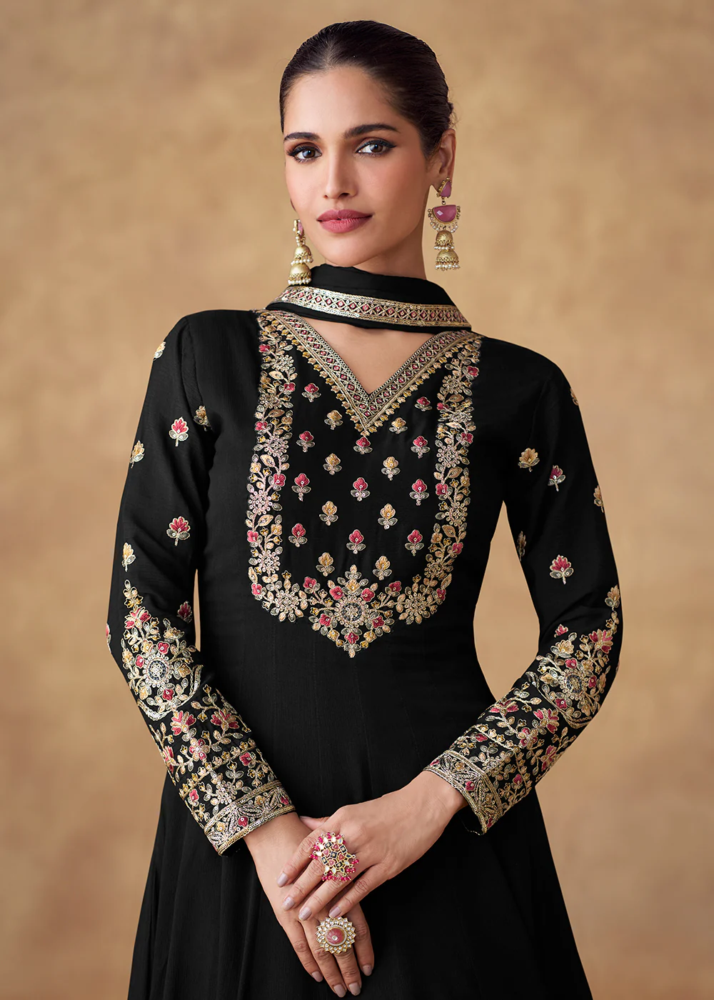 Embroidered Black Chinnon Silk Festive Anarkali Suit - Image 2