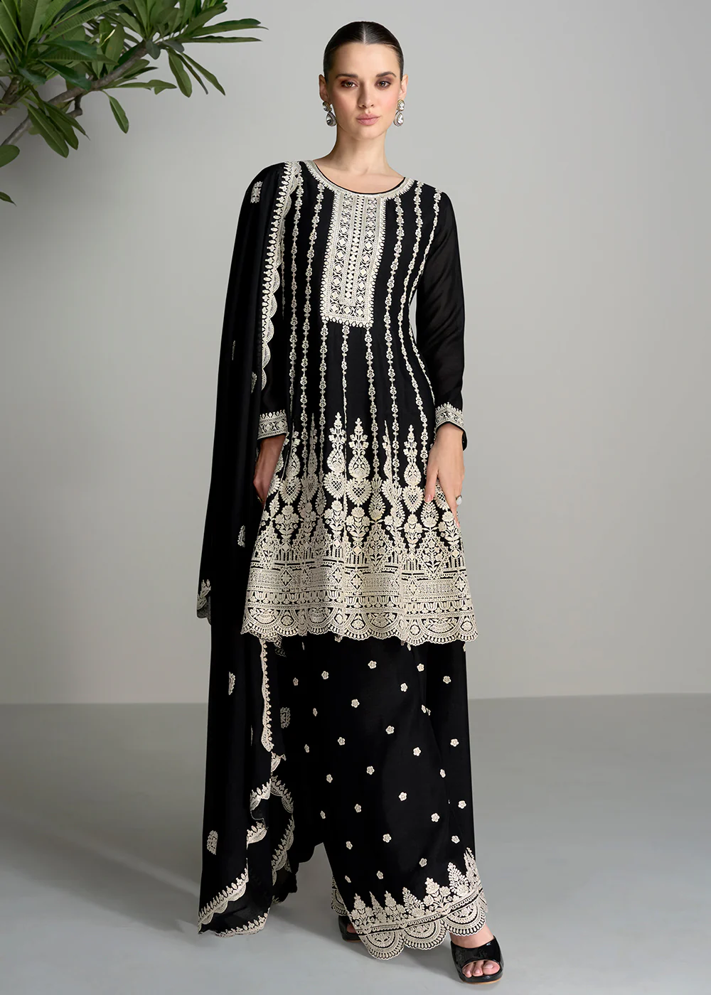 Embroidered Black Chinnon Wedding Festive Palazzo Suit