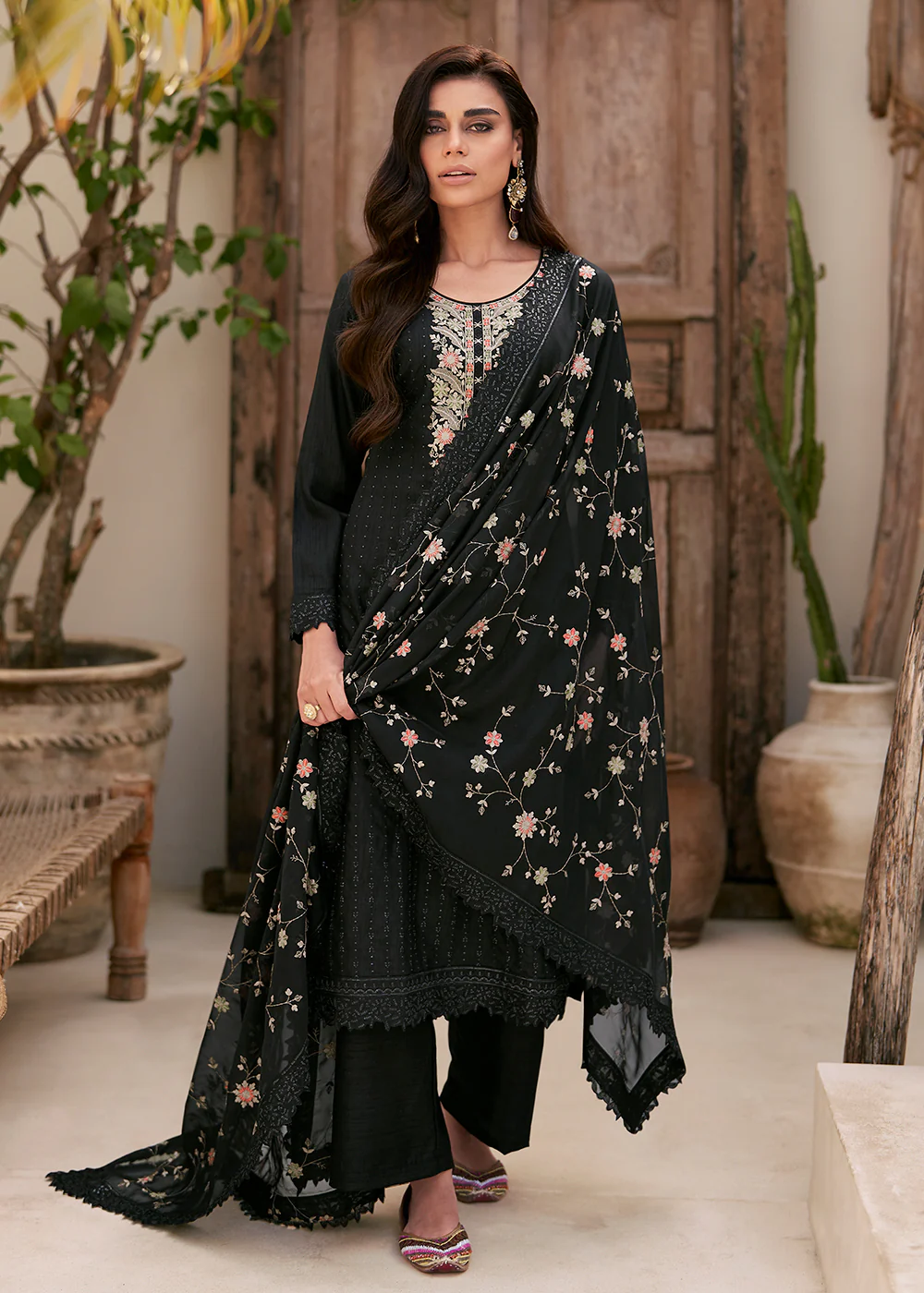 Embroidered Black Dola Silk Festive Style Salwar Suit - Image 3