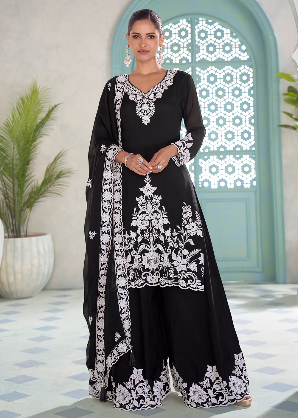 Embroidered Black Eid Style Palazzo Suit