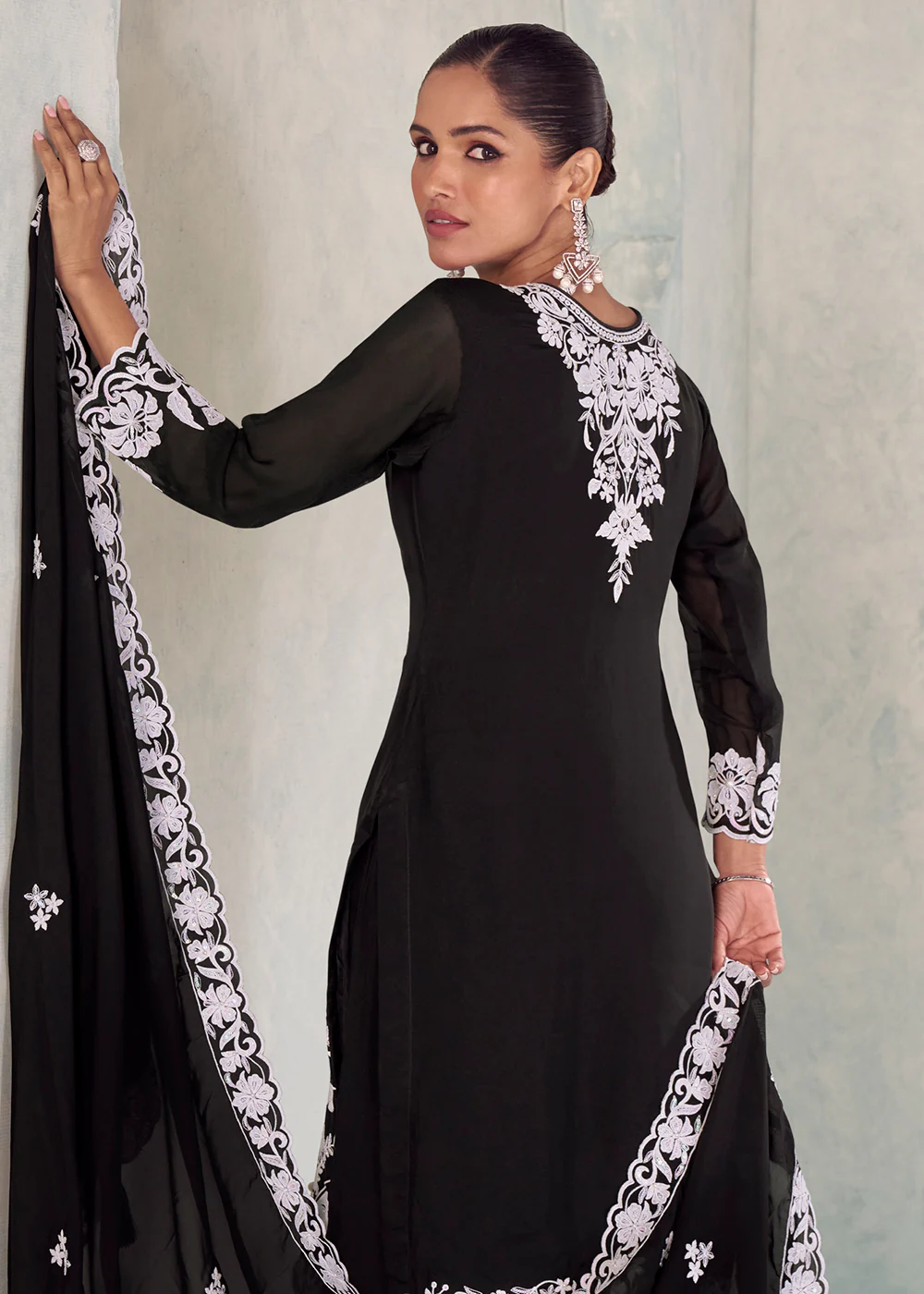 Embroidered Black Eid Style Palazzo Suit - Image 3