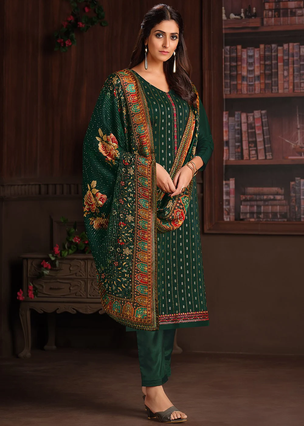 Embroidered Bottle Green Chinnon Festive Salwar Suit