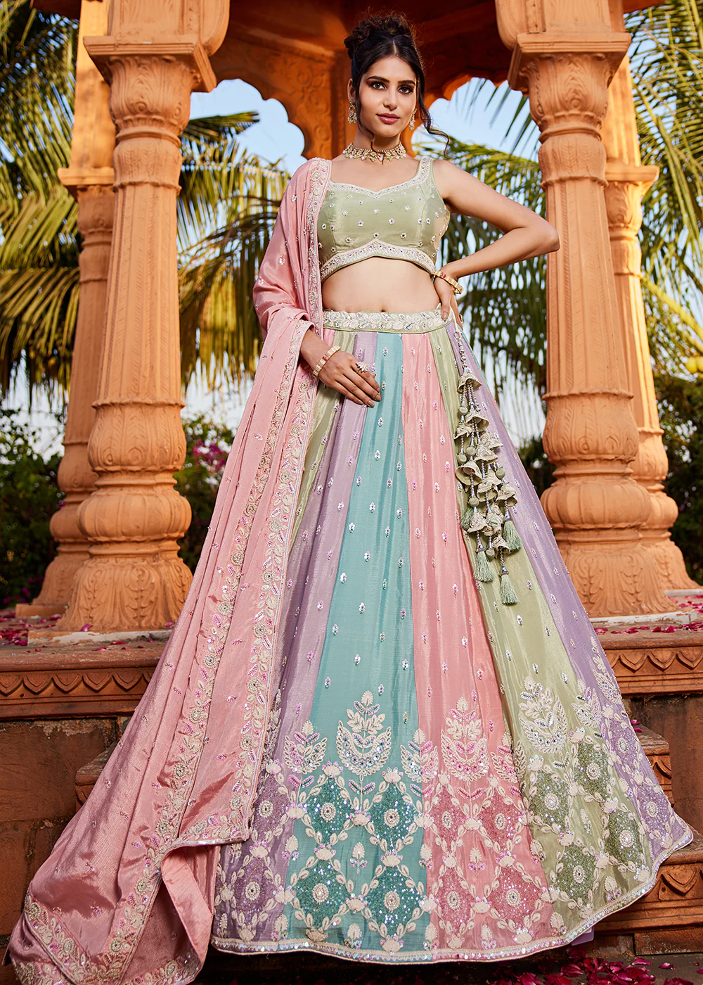 Embroidered Chiffon Multicolor Pink Wedding Lehenga Choli