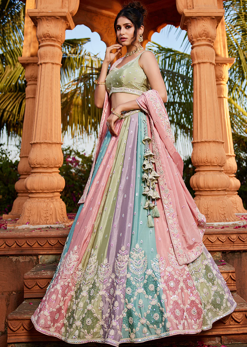 Embroidered Chiffon Multicolor Pink Wedding Lehenga Choli - Image 5