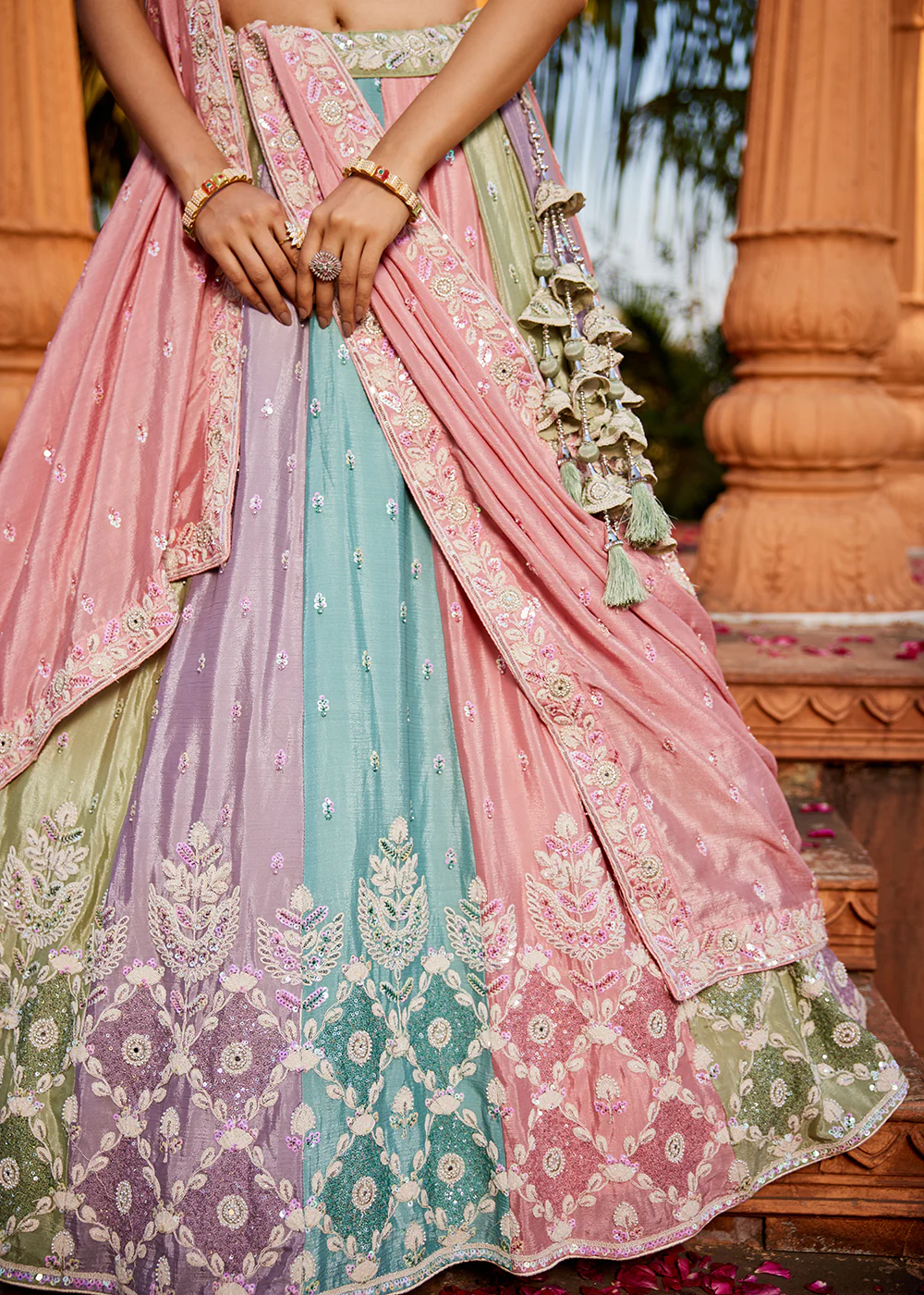 Embroidered Chiffon Multicolor Pink Wedding Lehenga Choli - Image 6