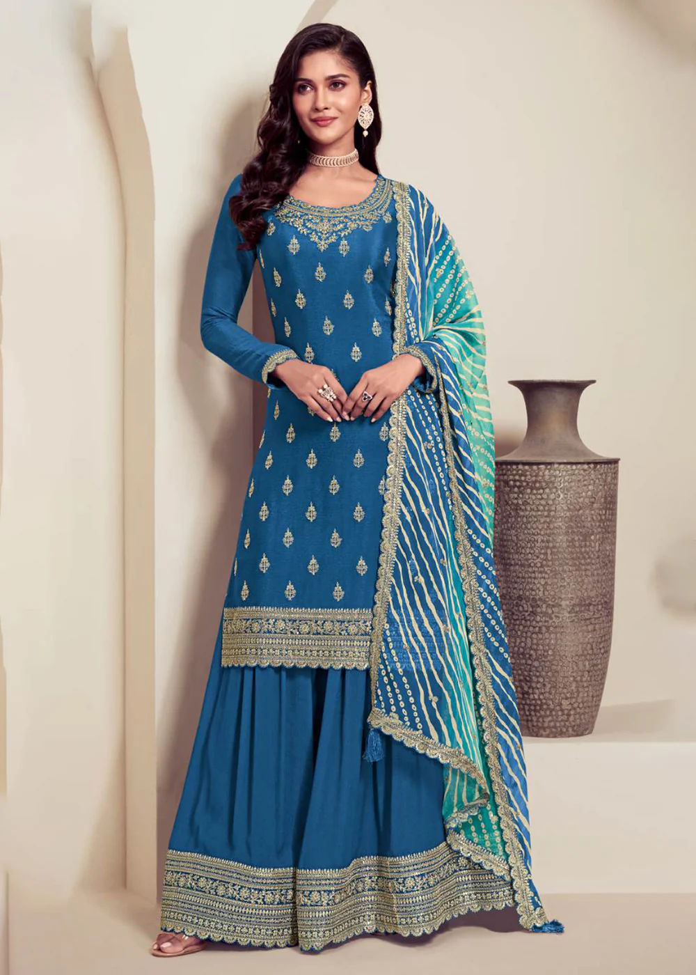 Embroidered Chinnon Blue Wedding Festive Sharara Suit