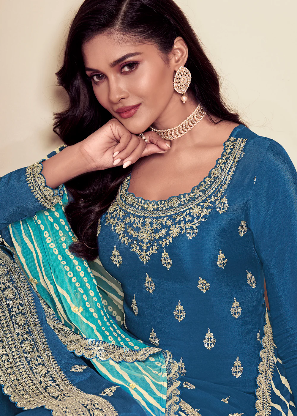 Embroidered Chinnon Blue Wedding Festive Sharara Suit - Image 2