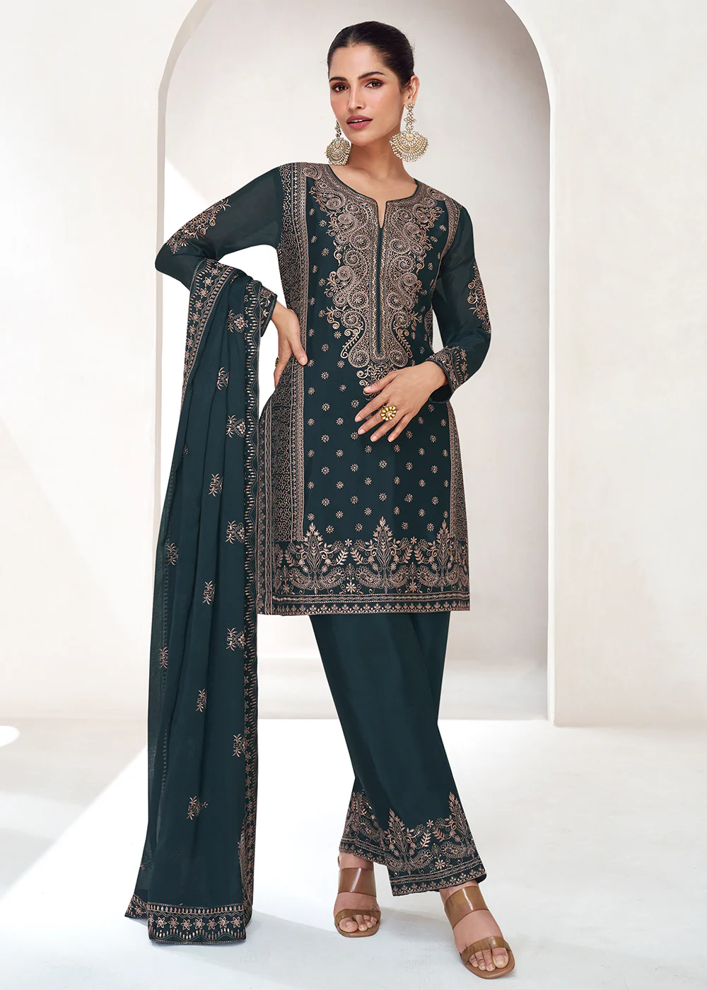 Embroidered Chinnon Prussian Blue Wedding Salwar Suit