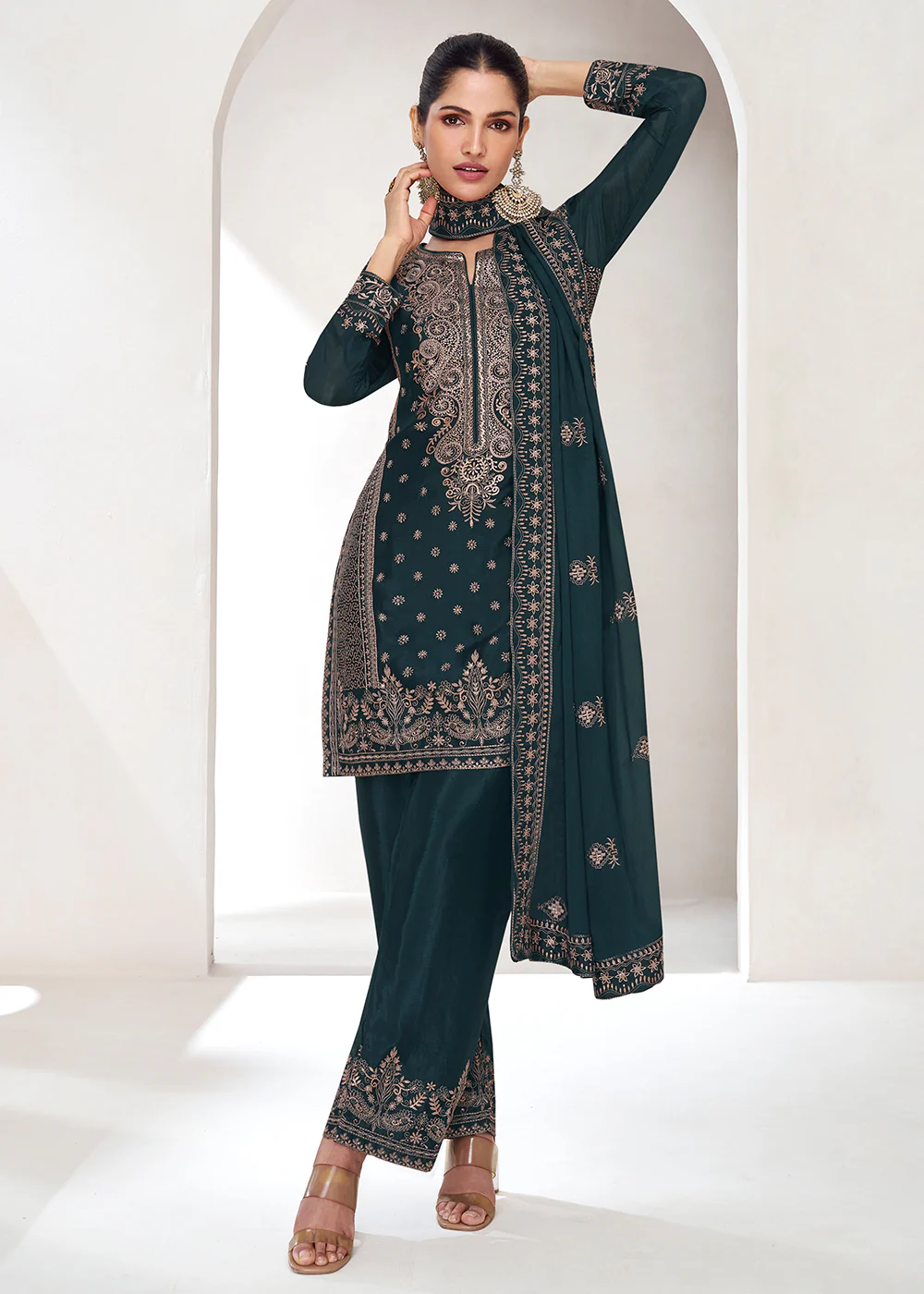 Embroidered Chinnon Prussian Blue Wedding Salwar Suit - Image 3