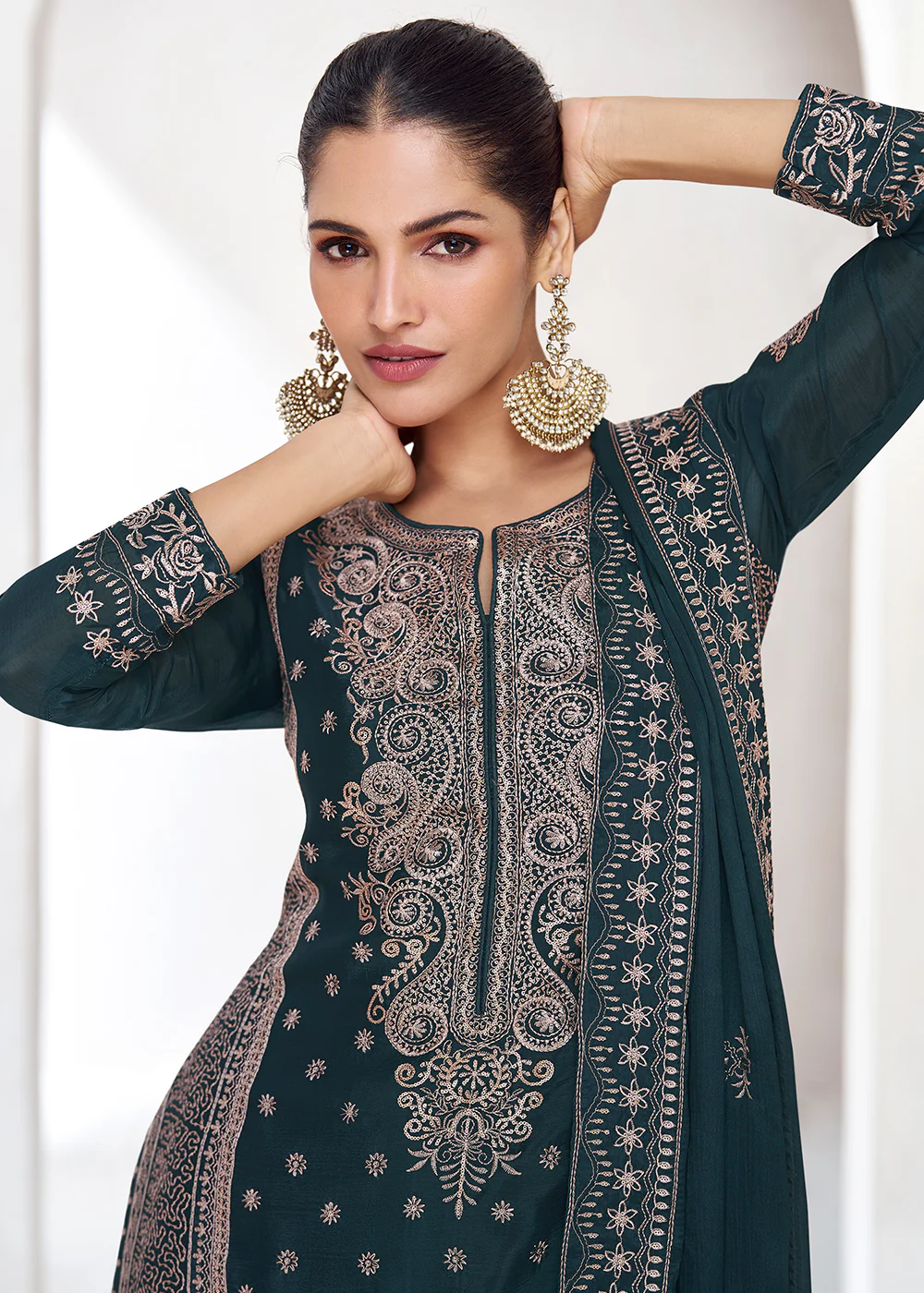 Embroidered Chinnon Prussian Blue Wedding Salwar Suit - Image 4