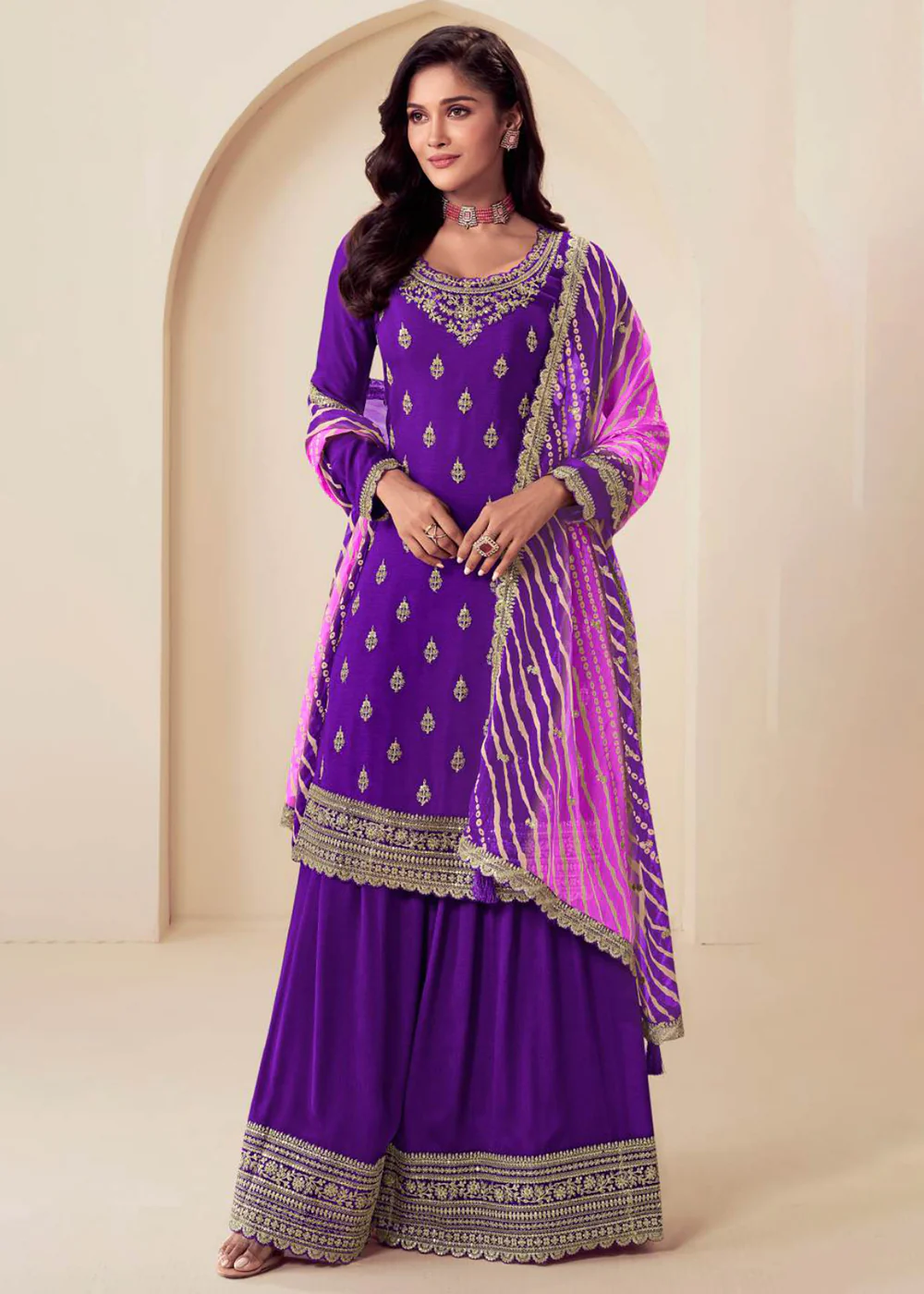 Embroidered Chinnon Purple Wedding Festive Sharara Suit