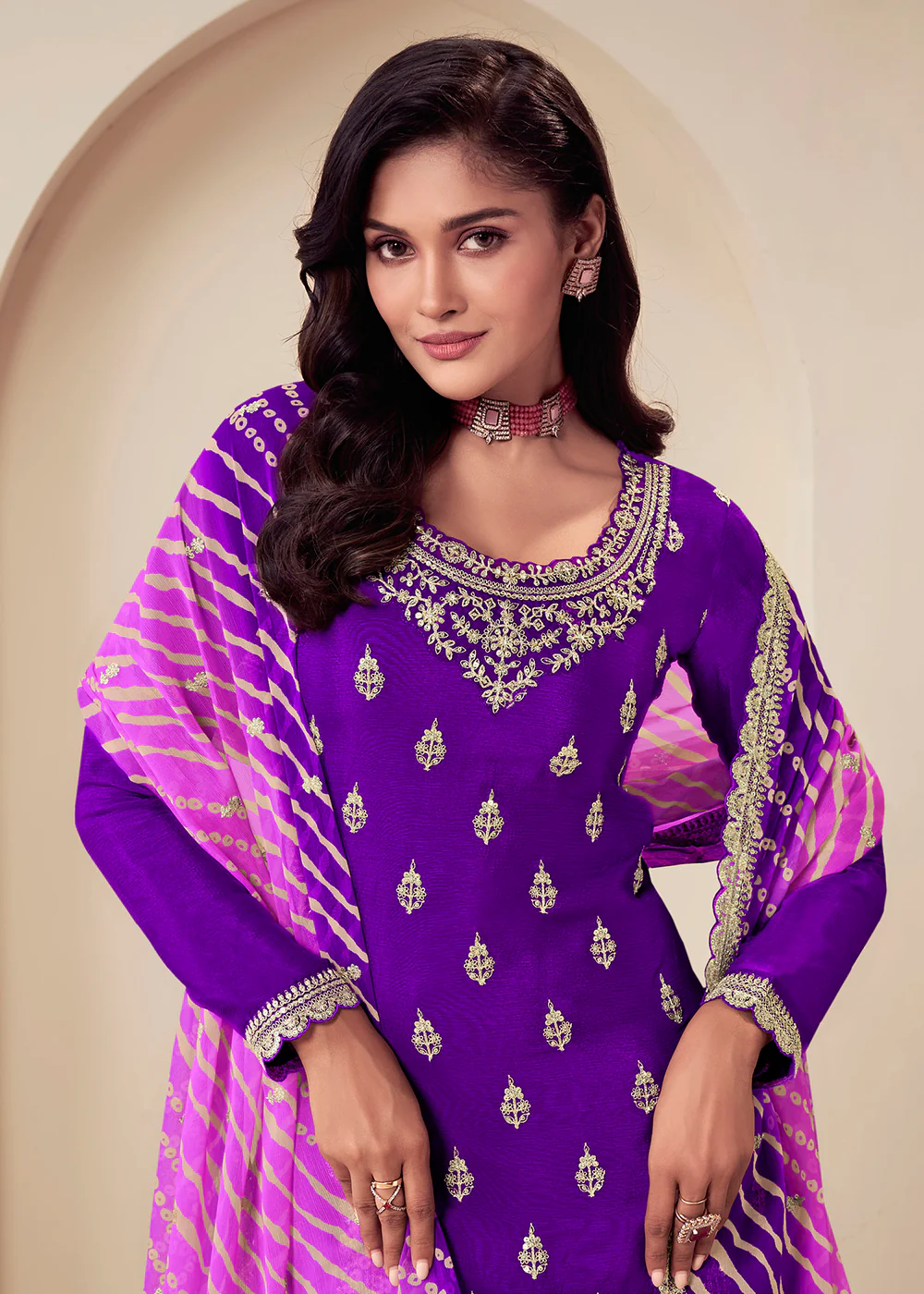 Embroidered Chinnon Purple Wedding Festive Sharara Suit - Image 2