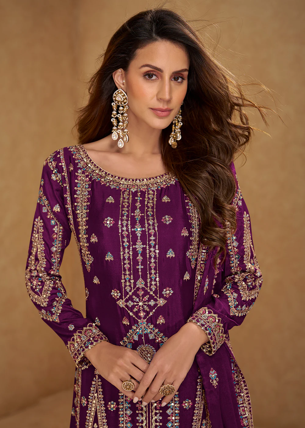 Embroidered Chinnon Silk Purple Palazzo Style Suit - Image 2