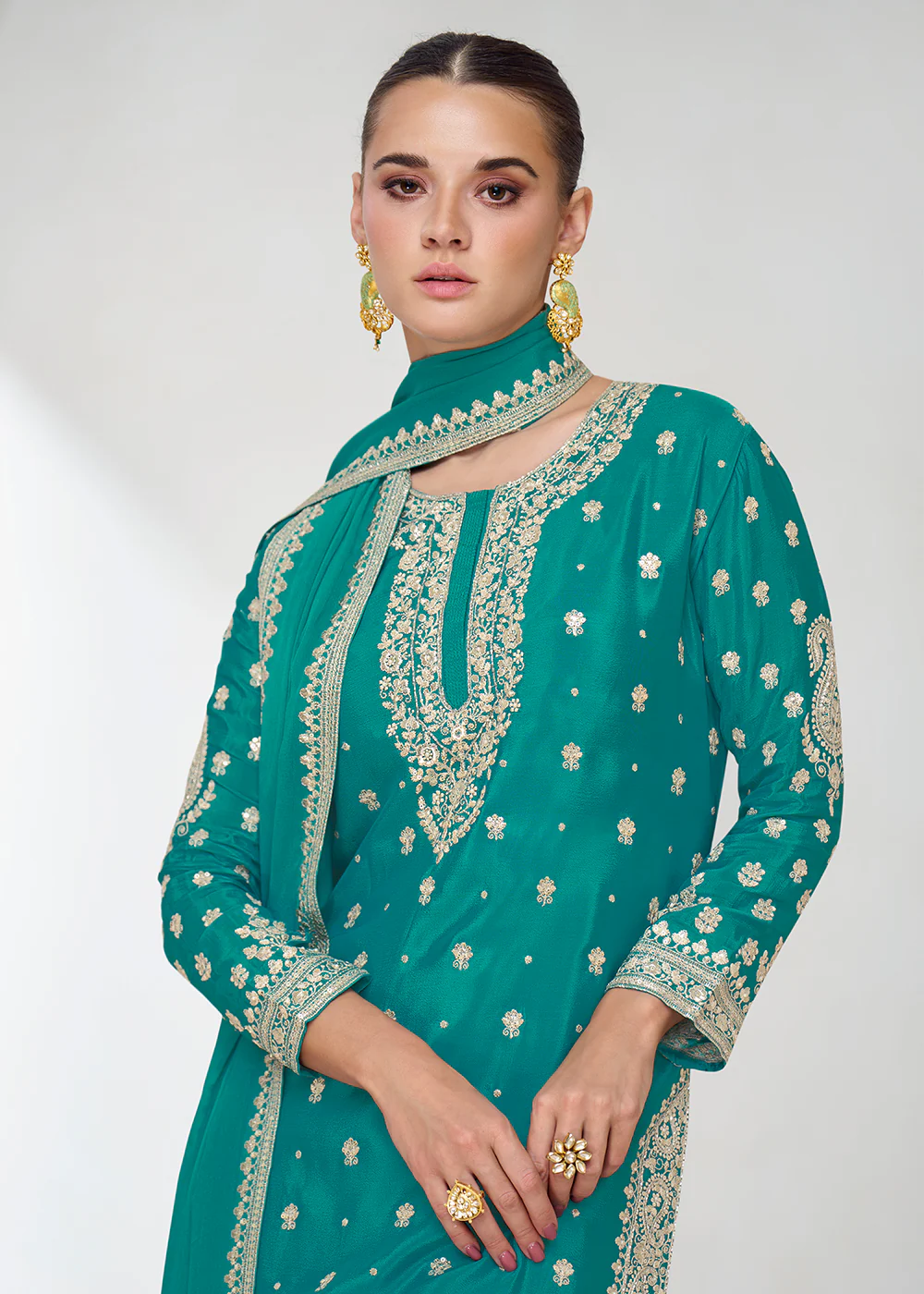 Embroidered Chinnon Turquoise Wedding Gharara Style Suit - Image 2