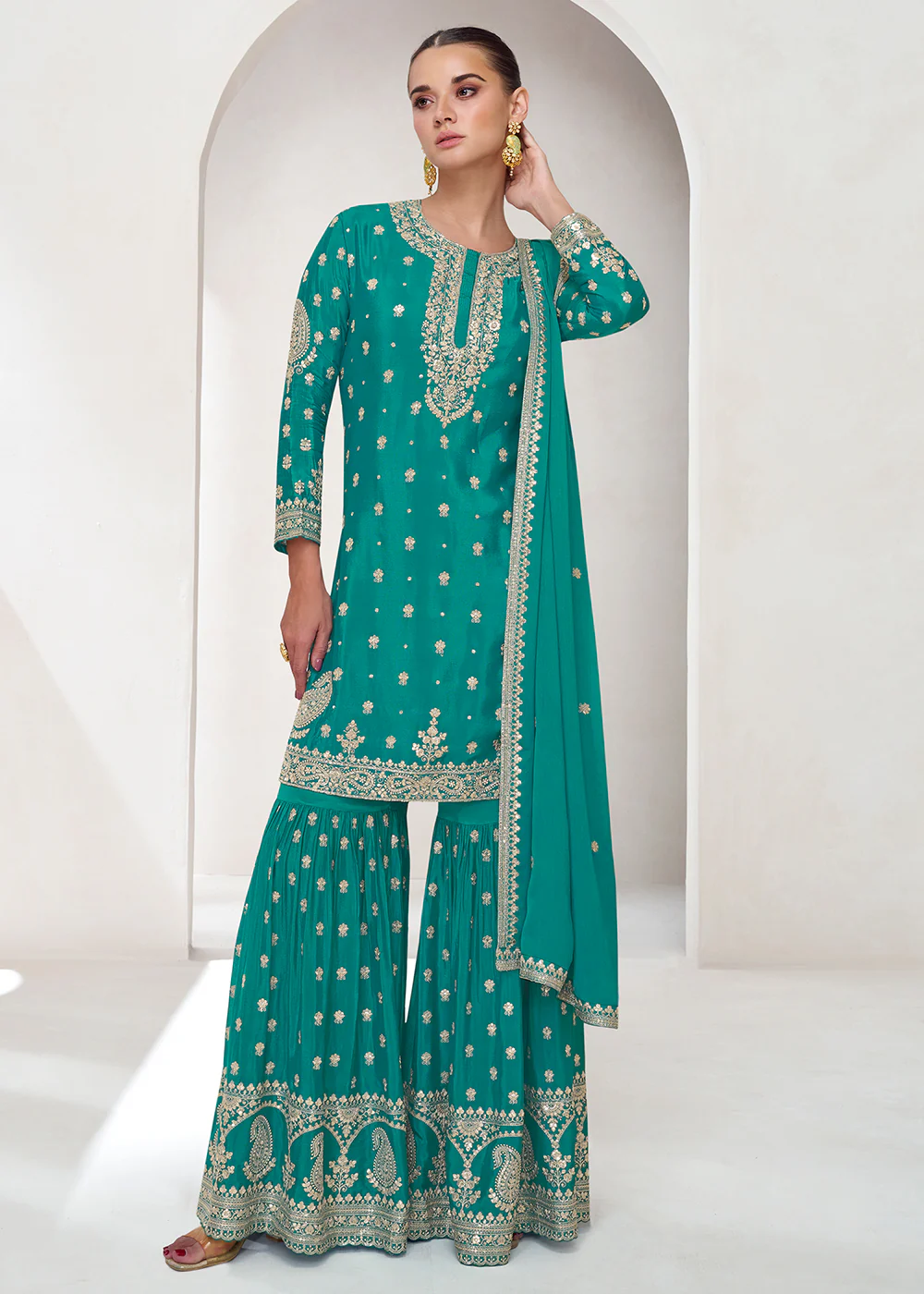 Embroidered Chinnon Turquoise Wedding Gharara Style Suit - Image 3
