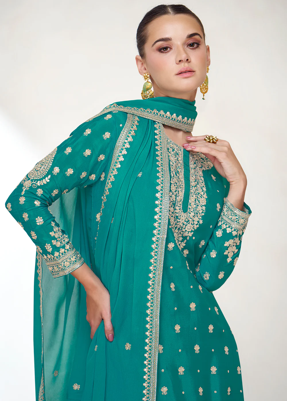 Embroidered Chinnon Turquoise Wedding Gharara Style Suit - Image 4