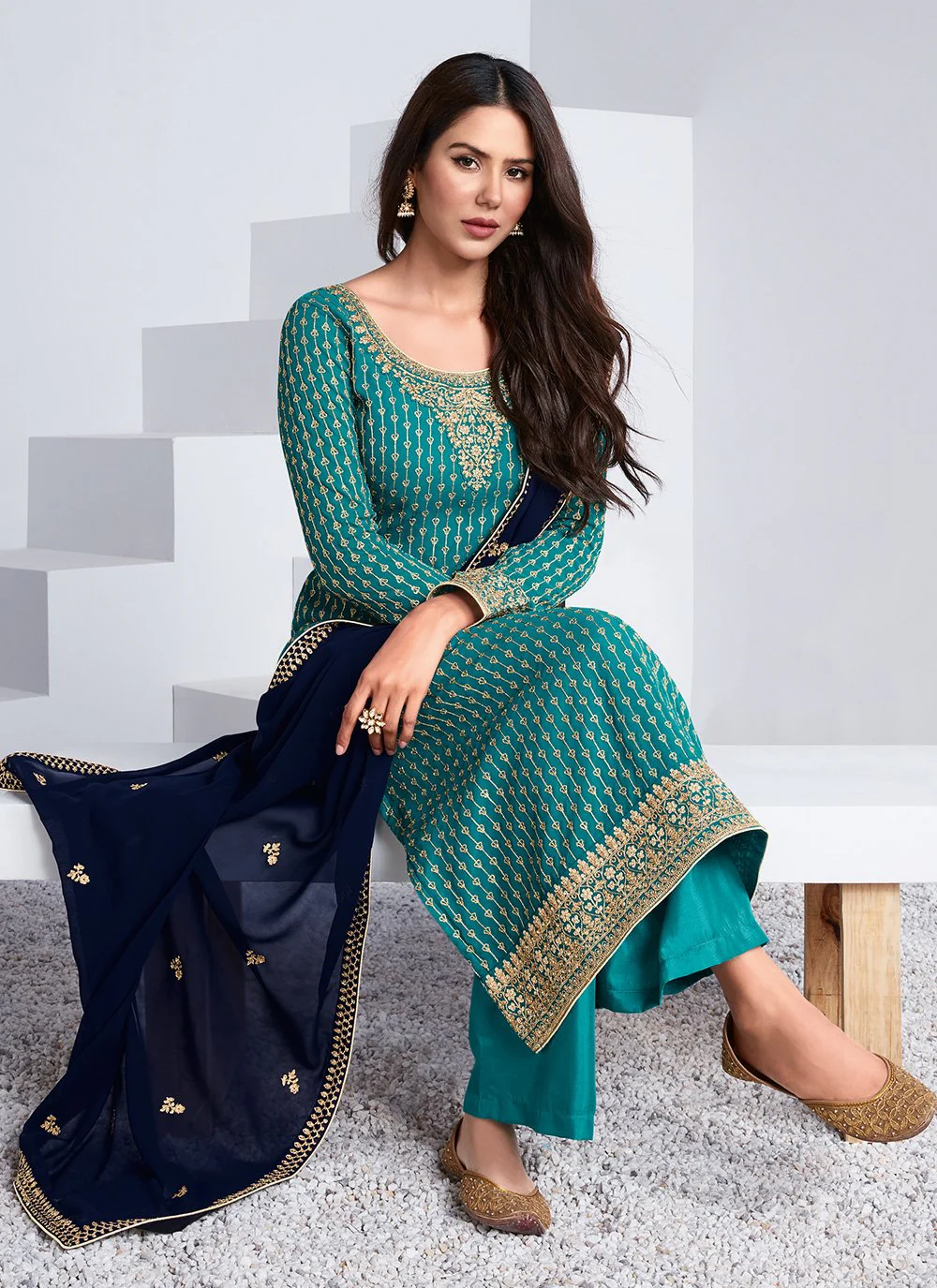 Embroidered Cyan Blue Georgette Palazzo Suit - Image 3