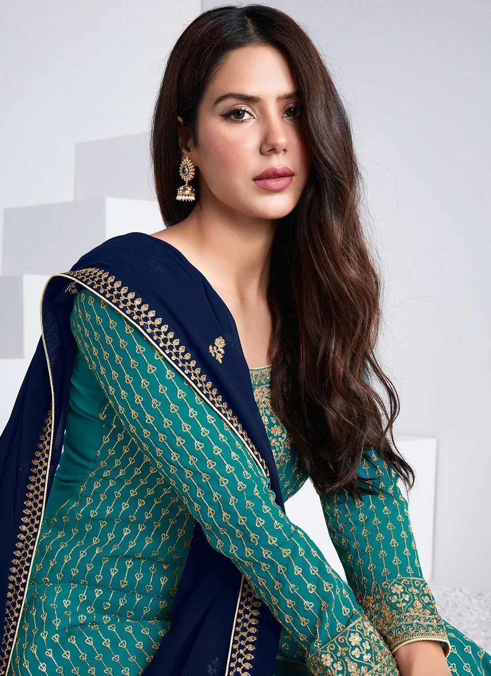 Embroidered Cyan Blue Georgette Palazzo Suit - Image 4