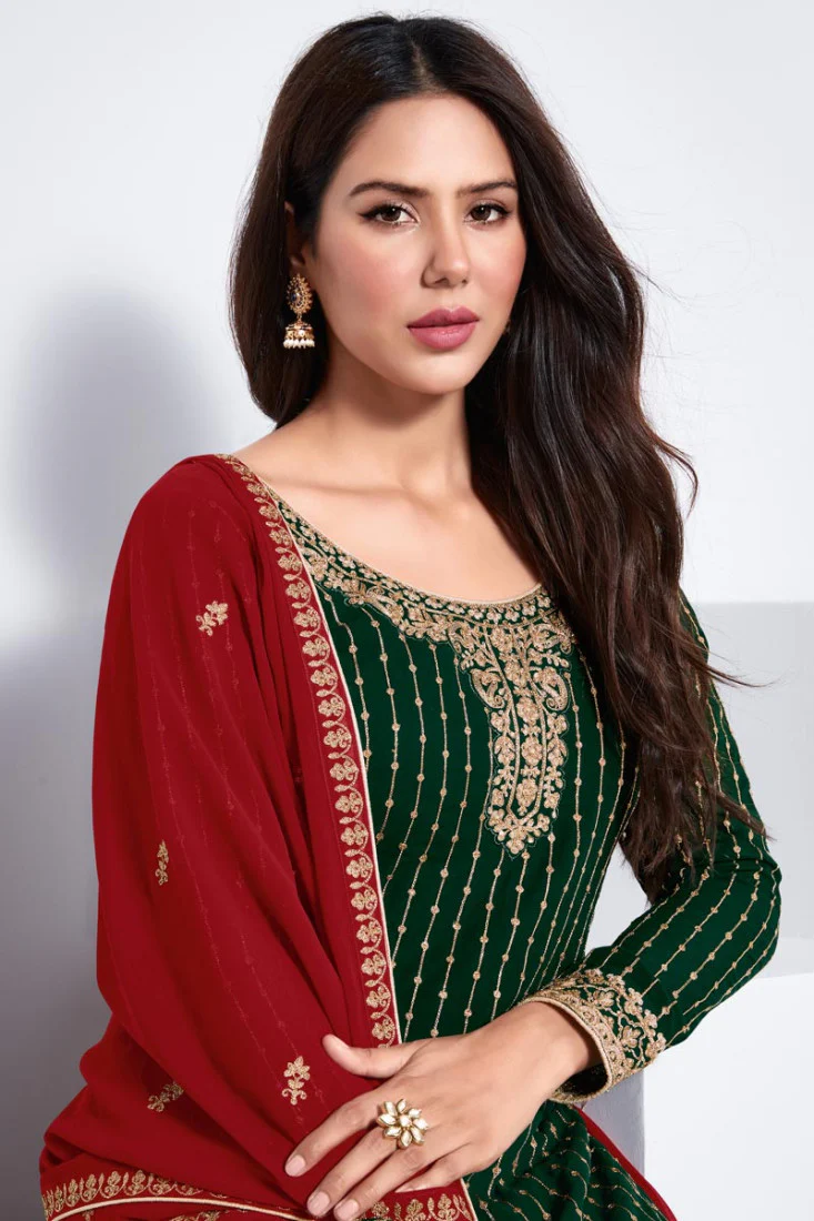 Embroidered Dark Green Georgette Palazzo Suit - Image 2