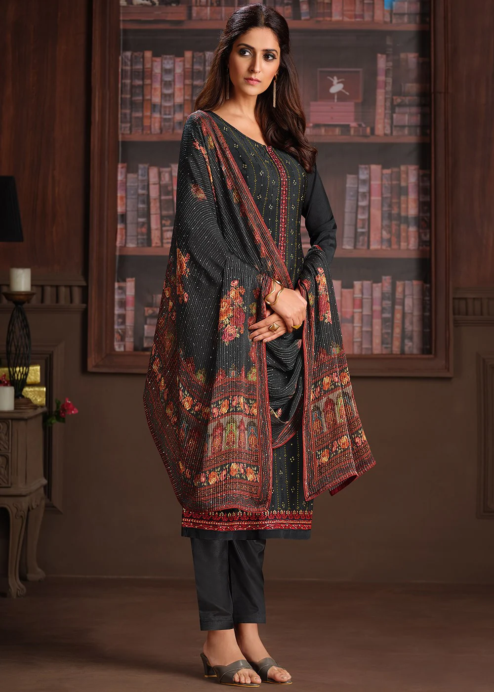 Embroidered Dark Grey Chinnon Festive Salwar Suit