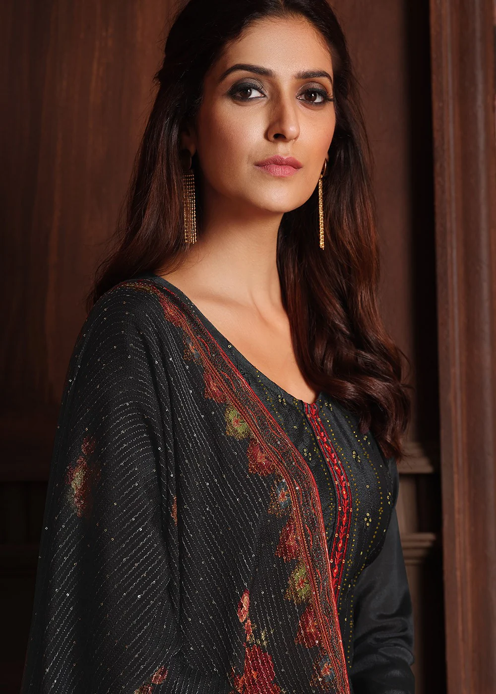 Embroidered Dark Grey Chinnon Festive Salwar Suit - Image 2