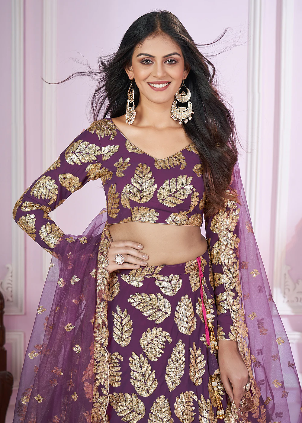 Embroidered Georgette Purple Color Reception Lehenga Choli - Image 2