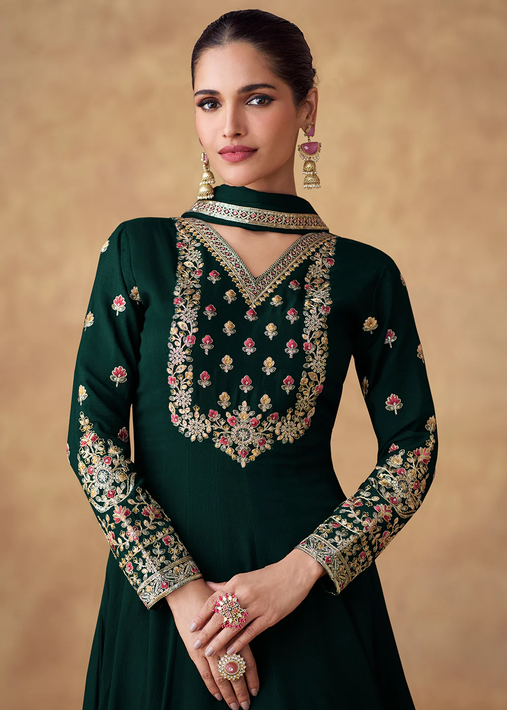 Embroidered Green Chinnon Silk Festive Anarkali Suit - Image 2
