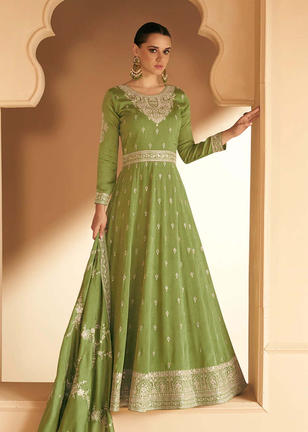 Embroidered Green Premium Silk Mehndi Wear Anarkali Suit