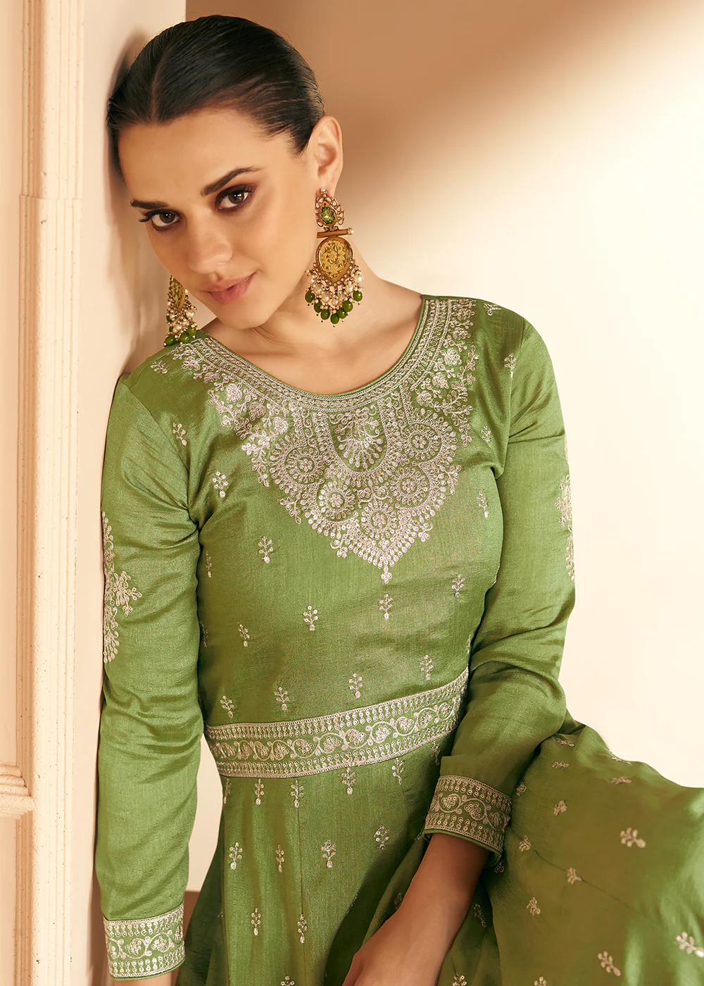 Embroidered Green Premium Silk Mehndi Wear Anarkali Suit - Image 2