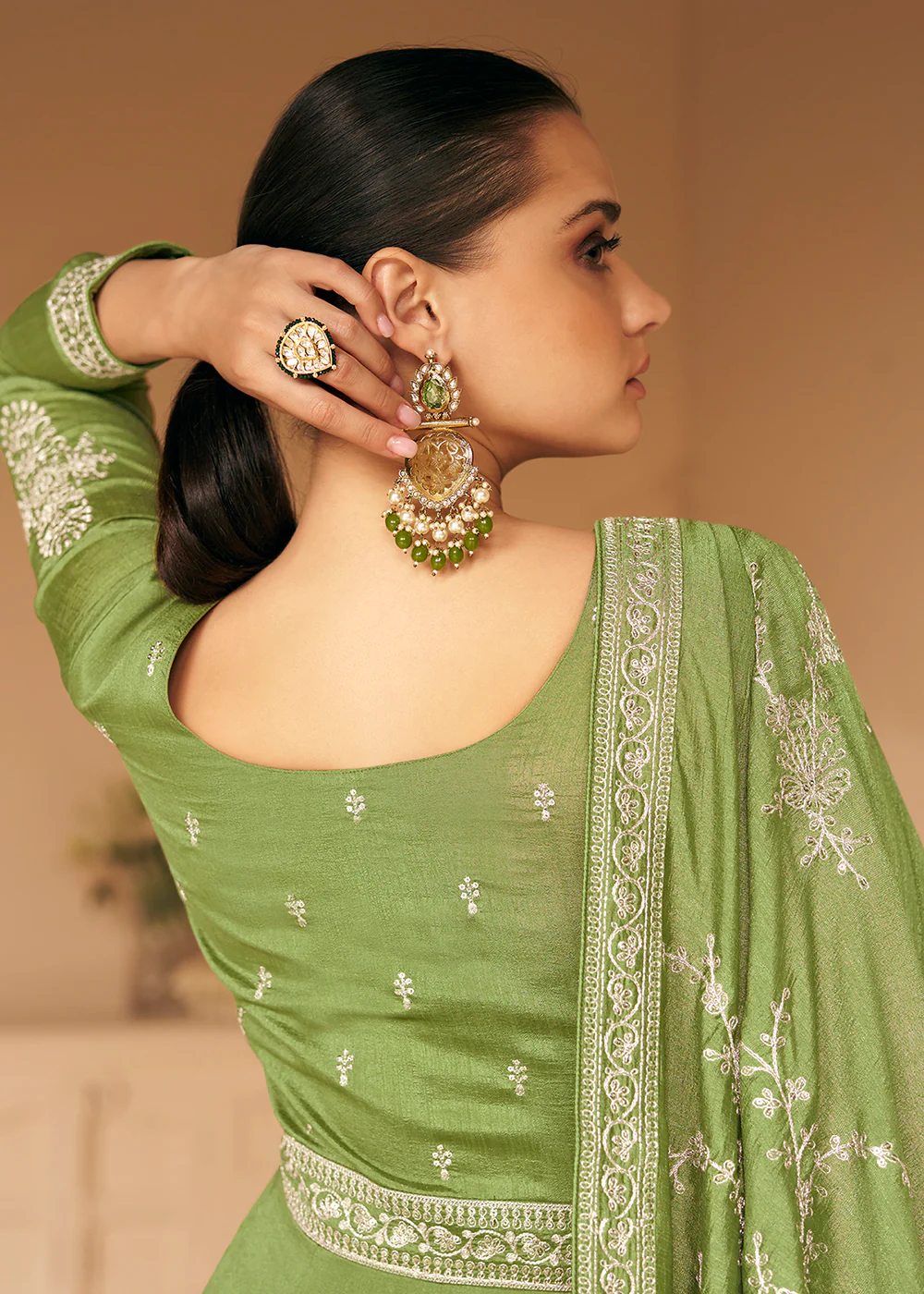 Embroidered Green Premium Silk Mehndi Wear Anarkali Suit - Image 3