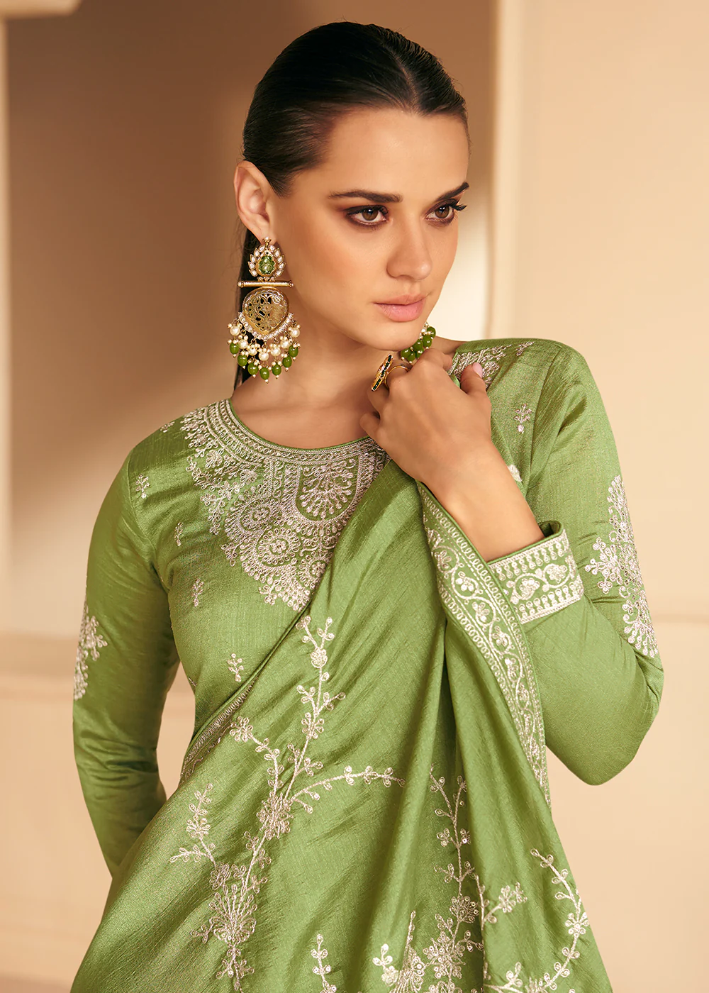 Embroidered Green Premium Silk Mehndi Wear Anarkali Suit - Image 4