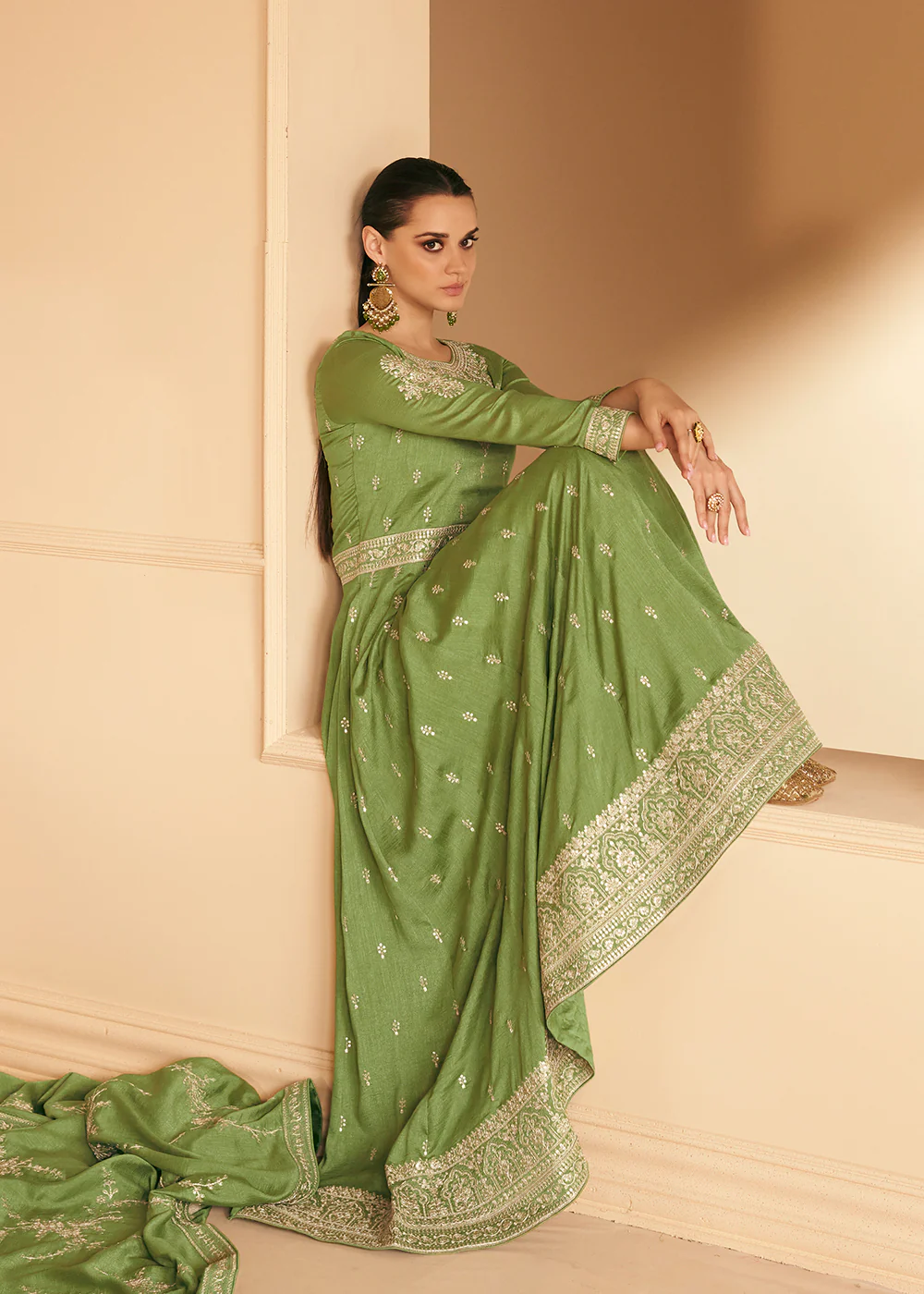 Embroidered Green Premium Silk Mehndi Wear Anarkali Suit - Image 5