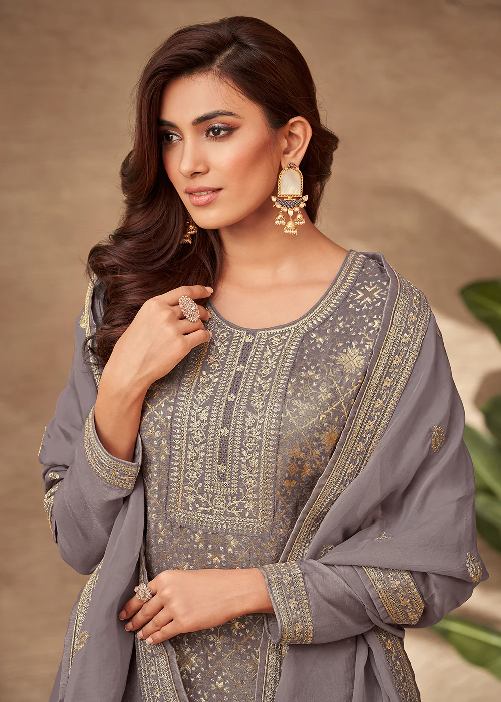 Embroidered Grey Viscose Jacquard Pant Style Salwar Suit - Image 2