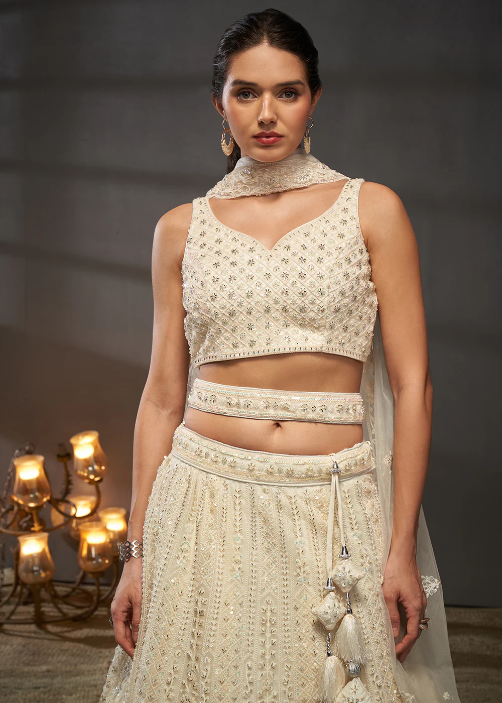 Embroidered Heavy Net Cream Designer Lehenga Choli - Image 2