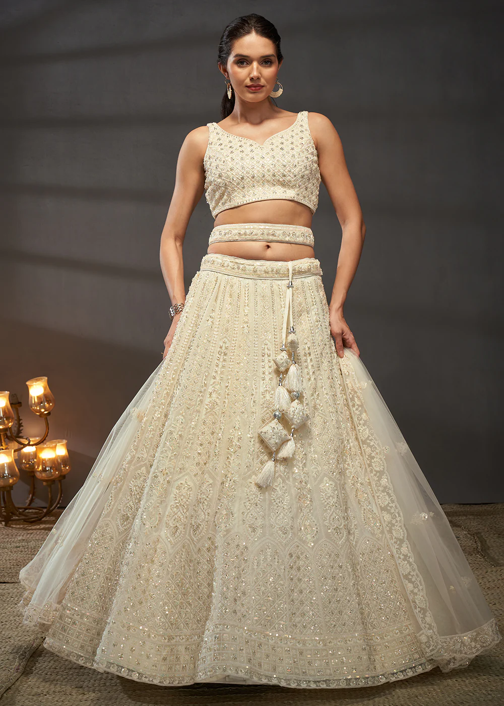 Embroidered Heavy Net Cream Designer Lehenga Choli - Image 4