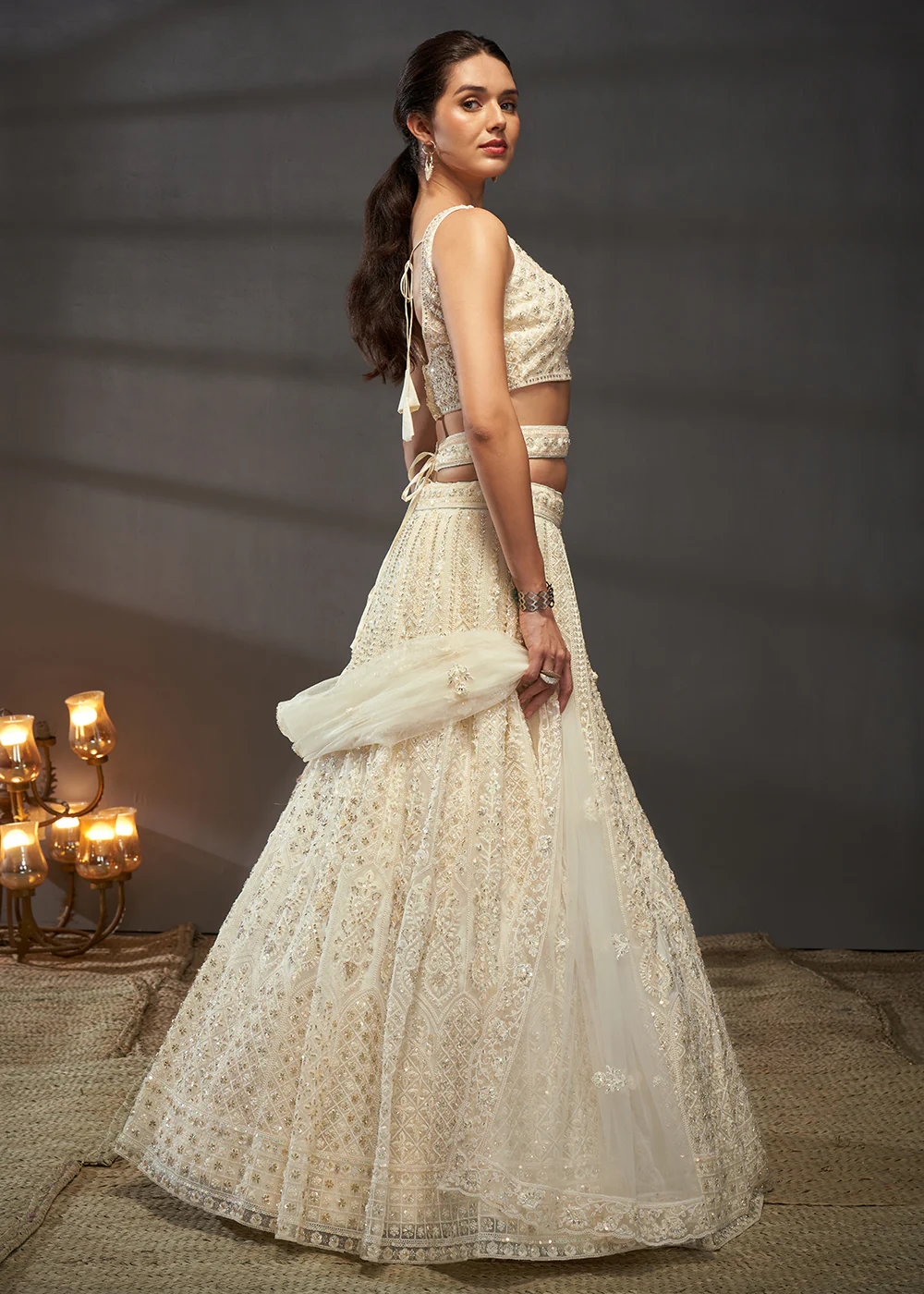 Embroidered Heavy Net Cream Designer Lehenga Choli - Image 6