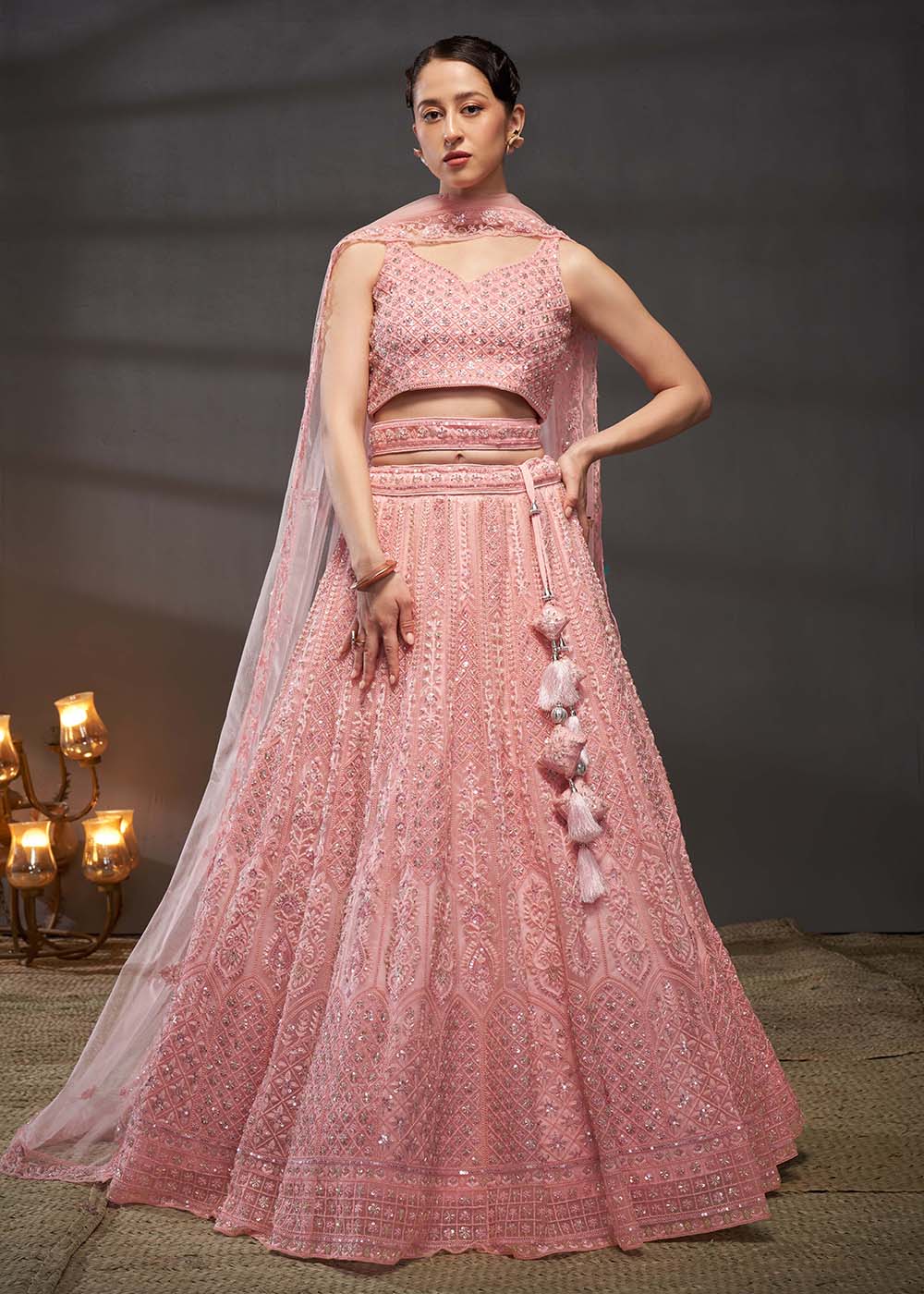 Embroidered Heavy Net Pink Designer Lehenga Choli