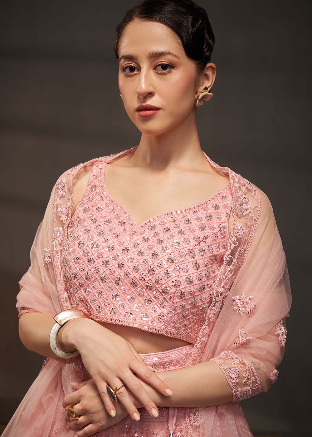 Embroidered Heavy Net Pink Designer Lehenga Choli - Image 2