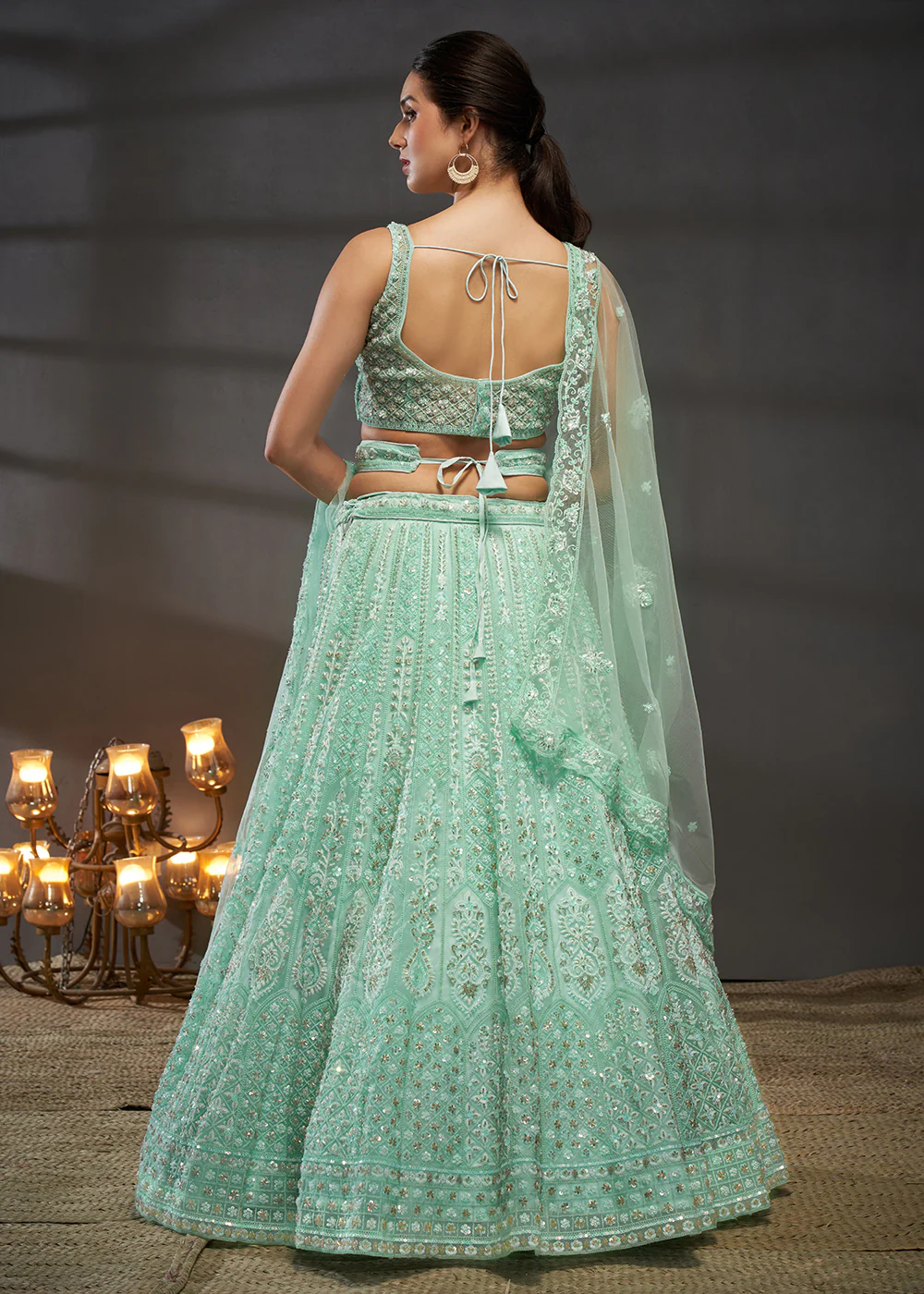 Embroidered Heavy Net Turquoise Designer Lehenga Choli - Image 3