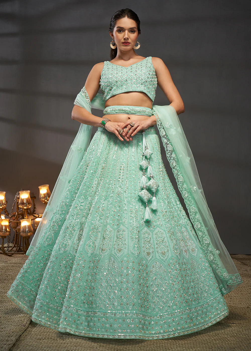 Embroidered Heavy Net Turquoise Designer Lehenga Choli - Image 4