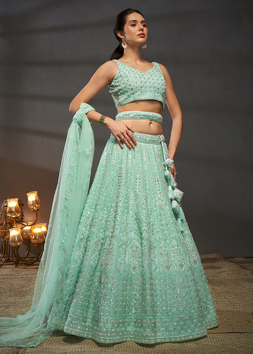 Embroidered Heavy Net Turquoise Designer Lehenga Choli - Image 5