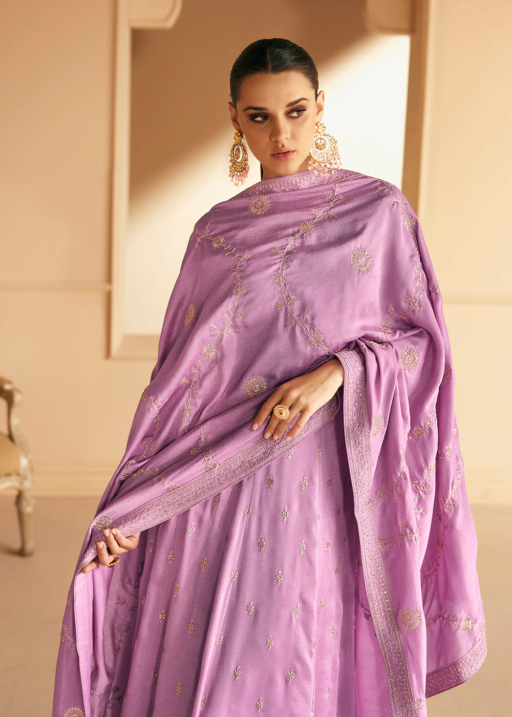 Embroidered Lavender Premium Silk Sangeet Wear Anarkali Suit - Image 5