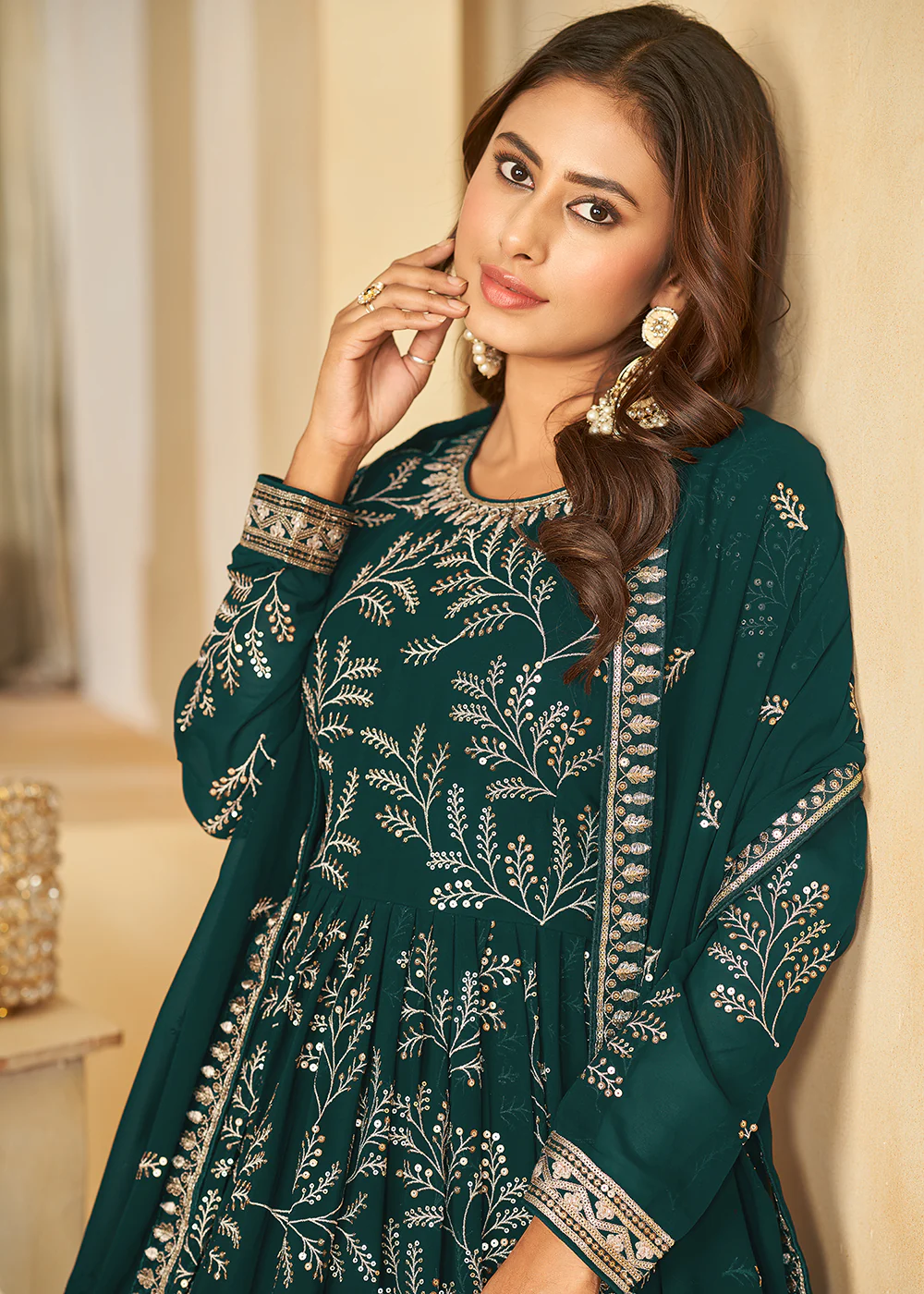 Embroidered Lovely Green Georgette Wedding Anarkali Suit - Image 2