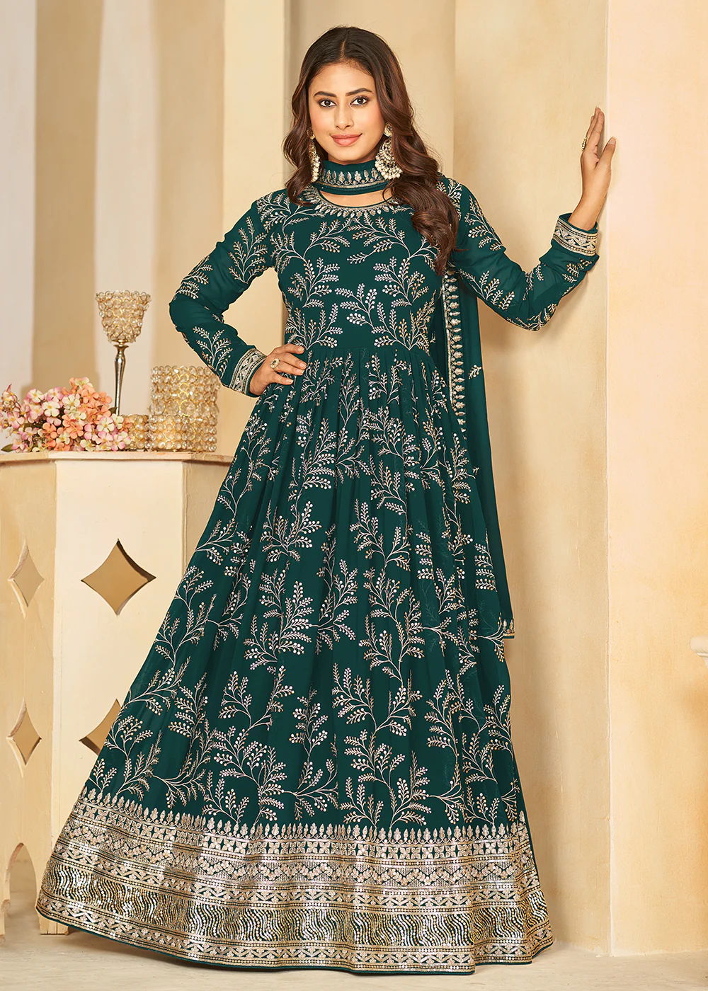 Embroidered Lovely Green Georgette Wedding Anarkali Suit - Image 3