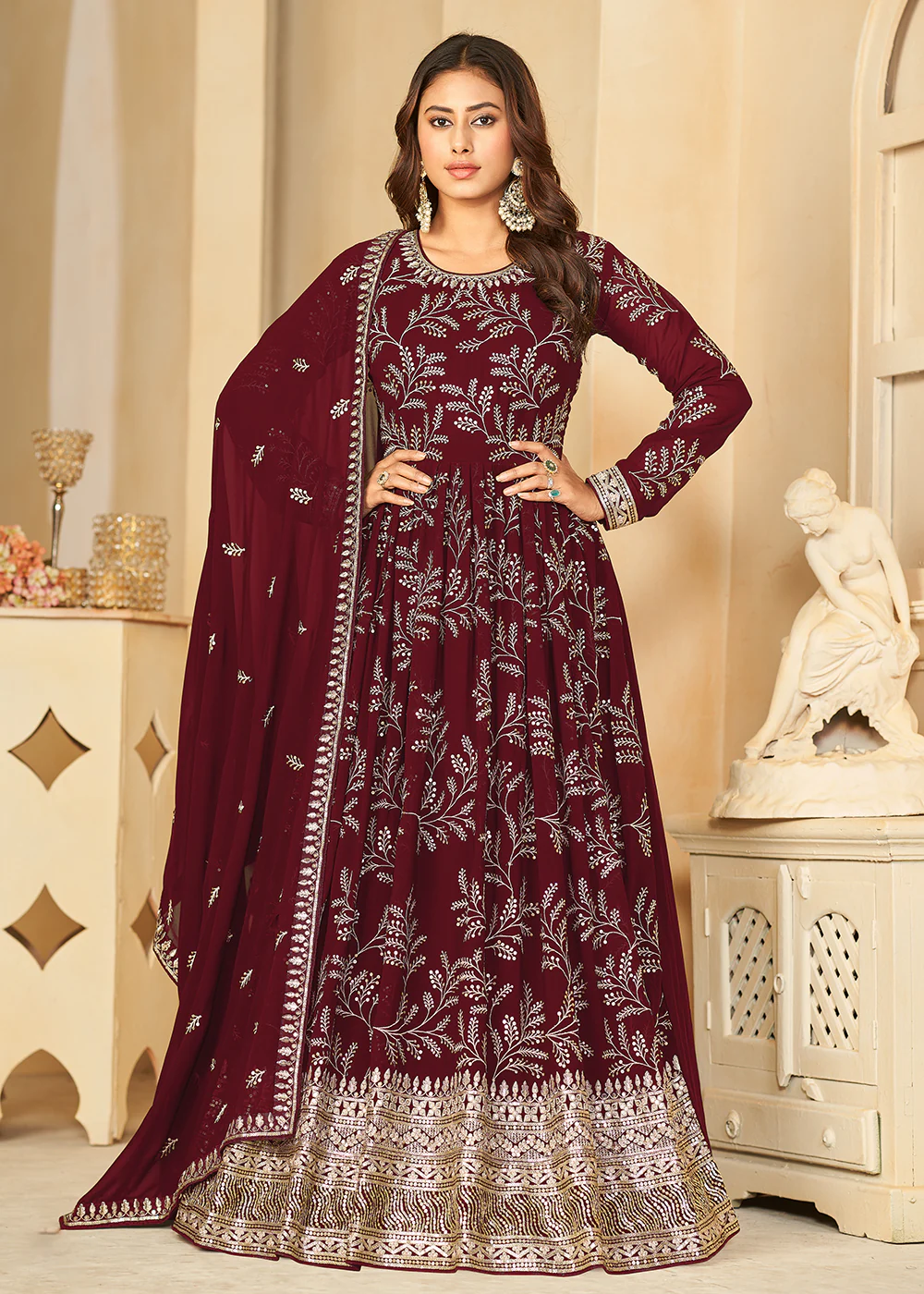 Embroidered Lovely Maroon Georgette Wedding Anarkali Suit