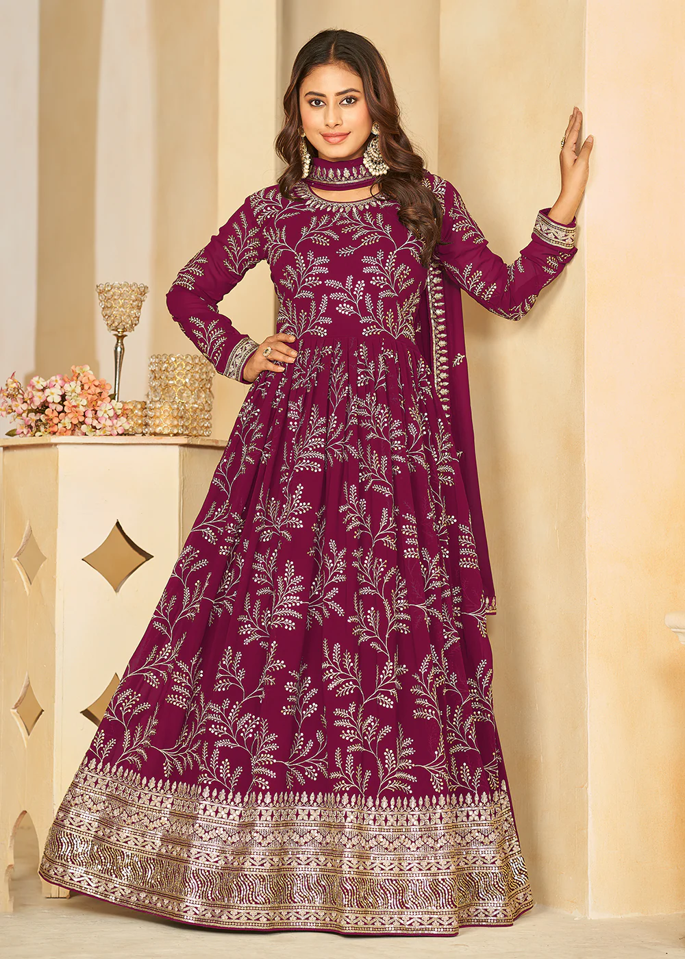 Embroidered Lovely Wine Georgette Wedding Anarkali Suit - Image 3