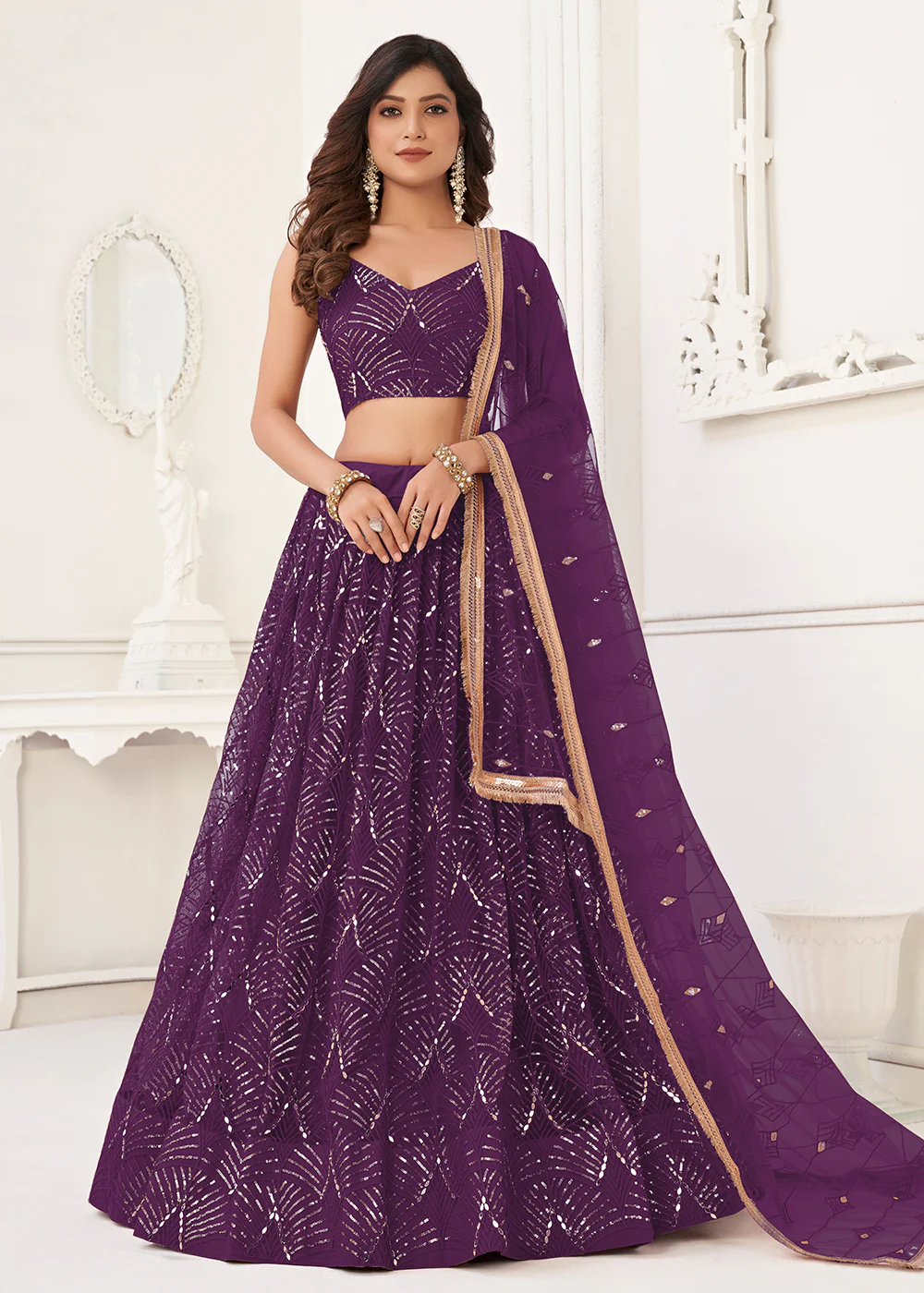 Embroidered Net Dark Purple Sangeet & Wedding Wear Lehenga Choli
