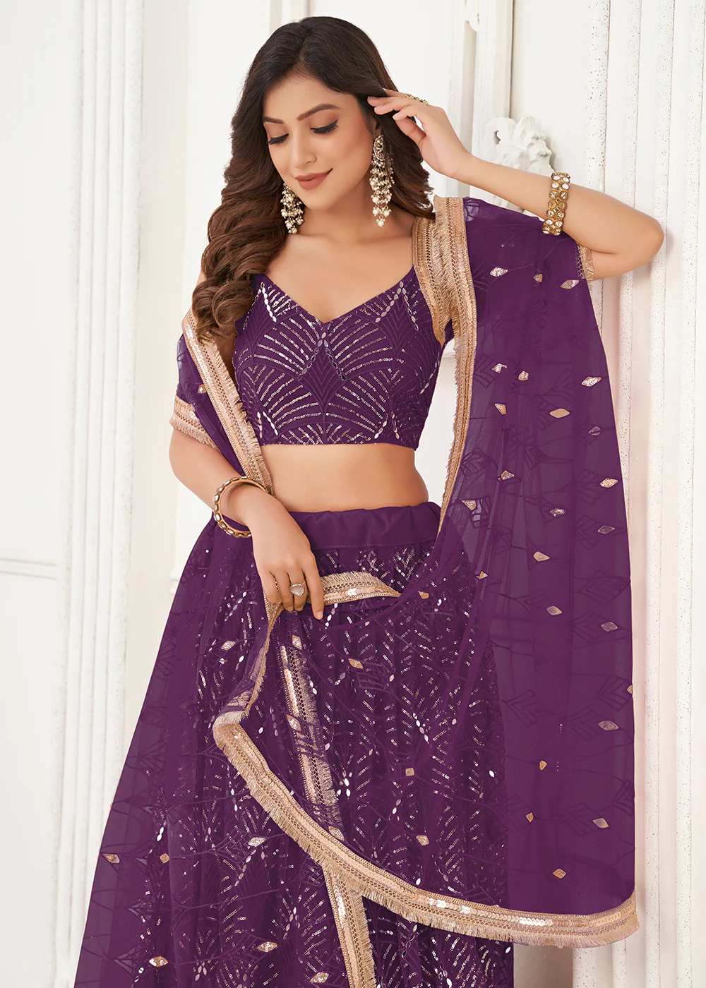 Embroidered Net Dark Purple Sangeet & Wedding Wear Lehenga Choli - Image 2