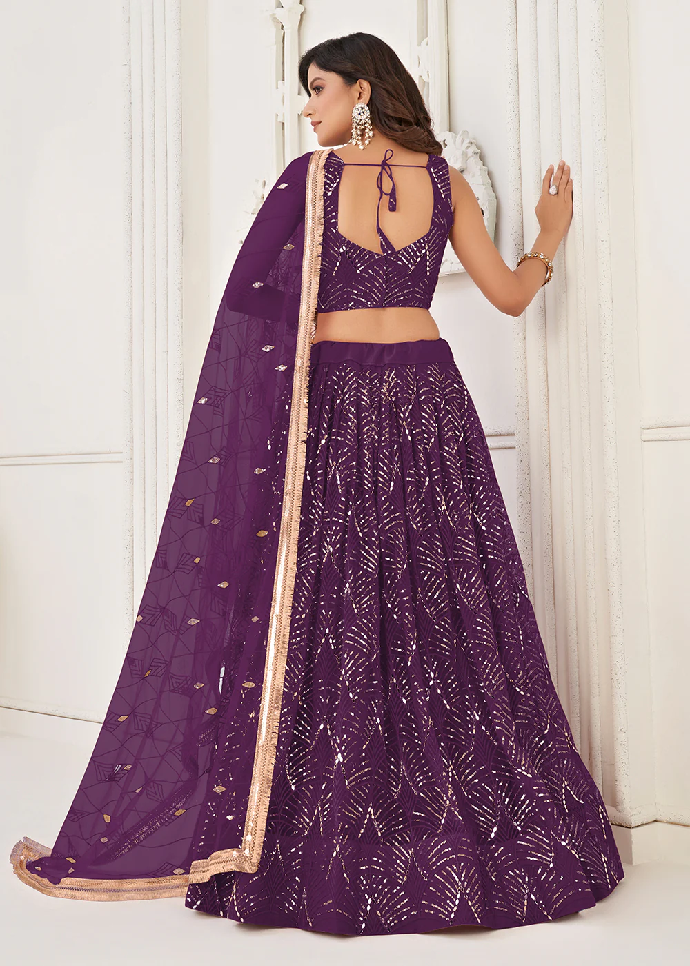 Embroidered Net Dark Purple Sangeet & Wedding Wear Lehenga Choli - Image 3